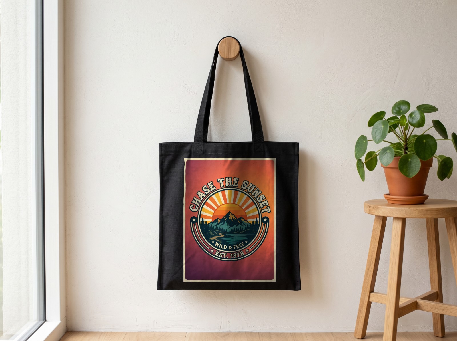 Black Tote Bag Mockup on a Wooden Wall Peg example