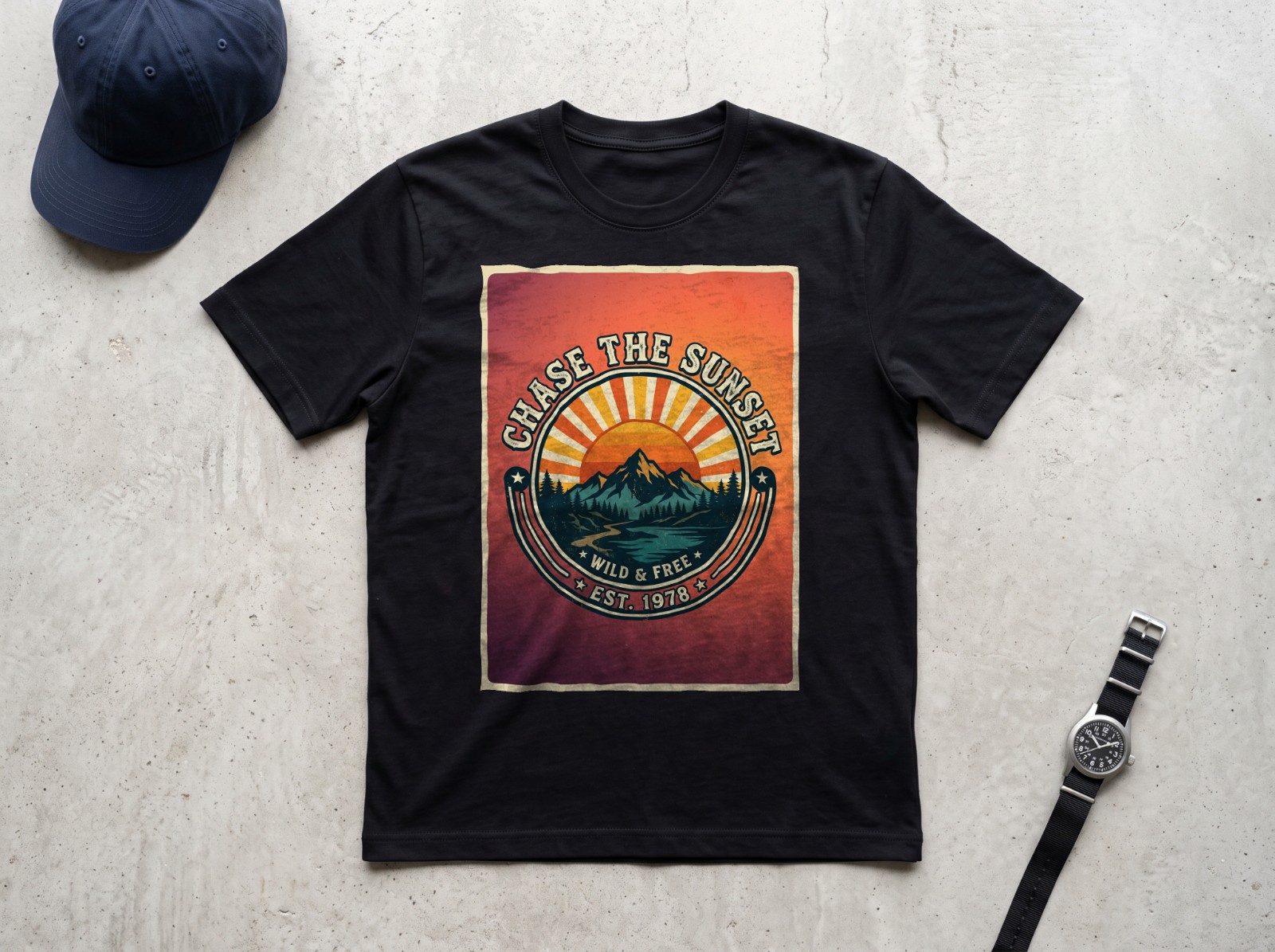 Black T-Shirt Flat Lay Mockup on Concrete example