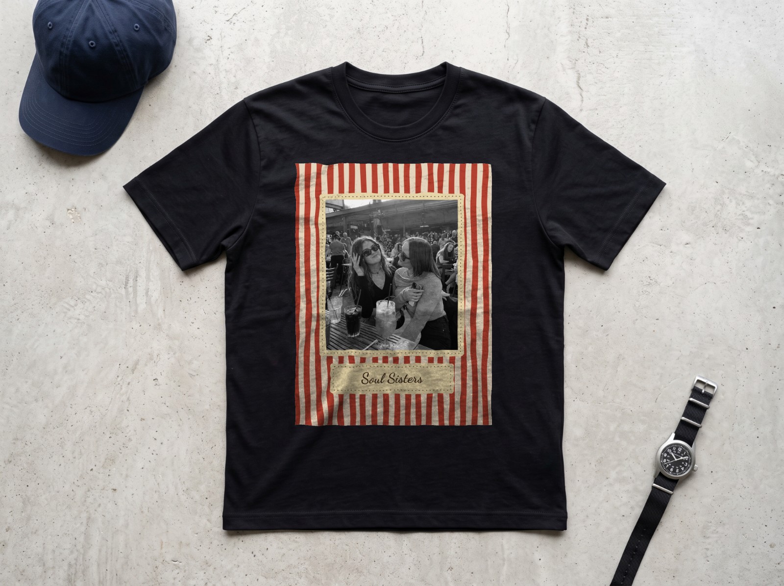 Black T-Shirt Flat Lay on Concrete showing a retro Soul Sisters photo print