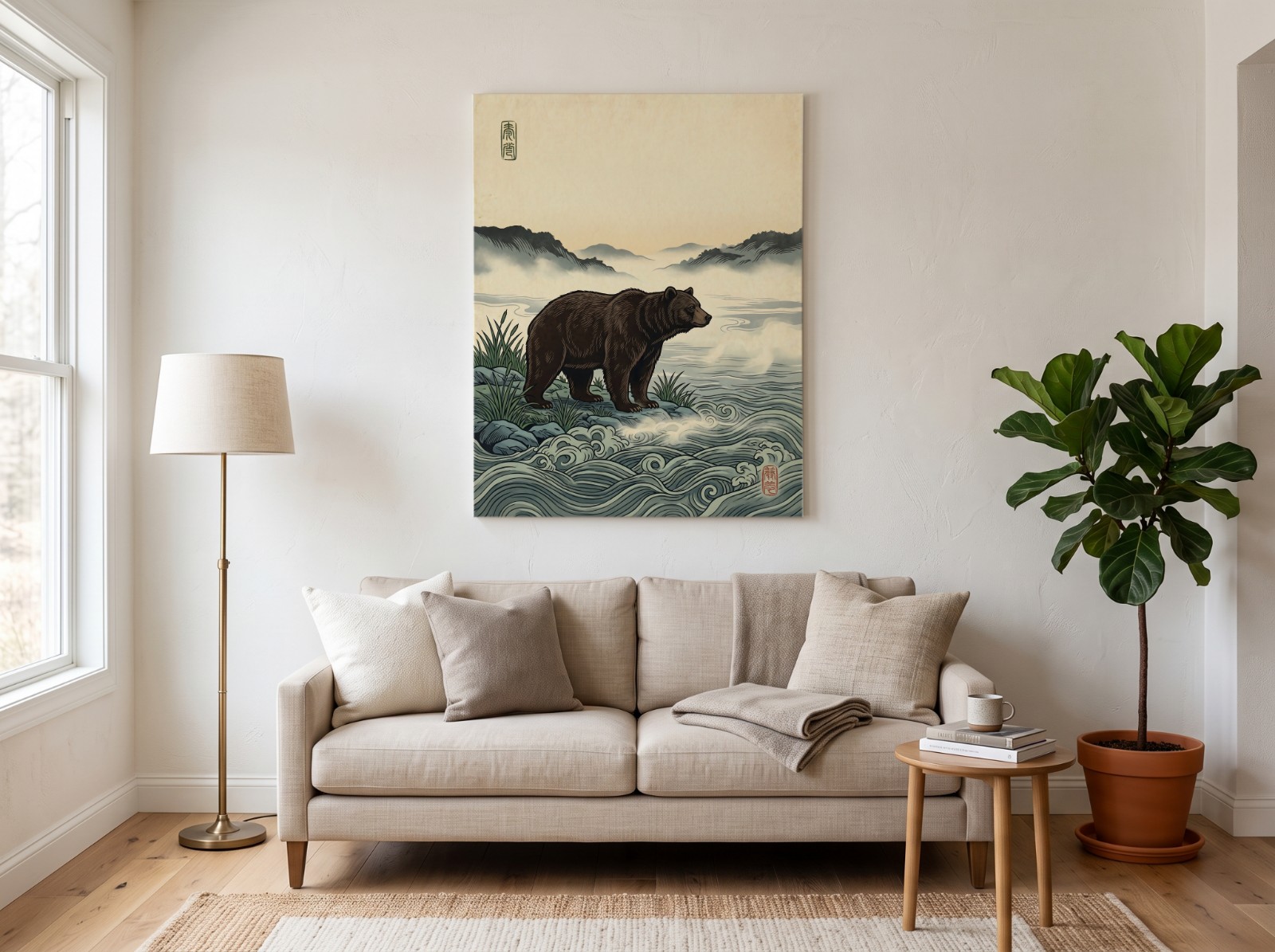 Canvas Print Mockup Above a Linen Sofa example