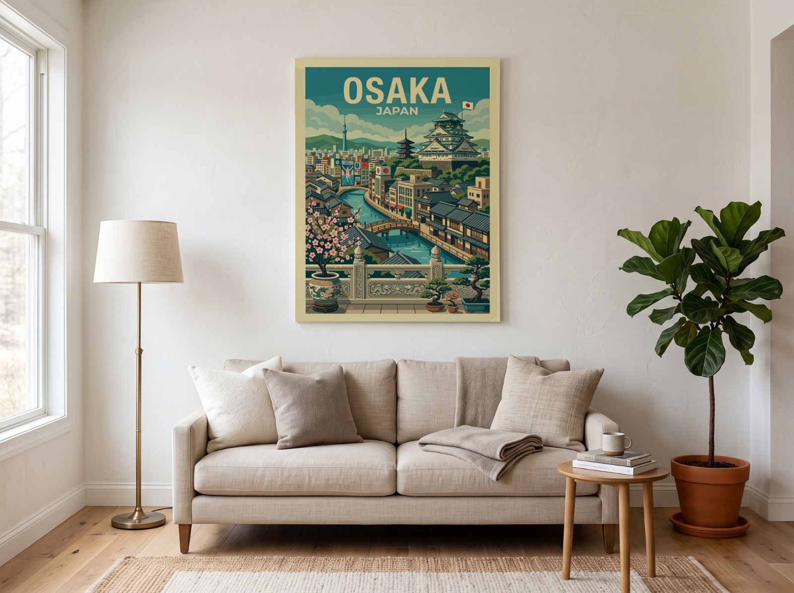Canvas Print Above a Linen Sofa showing the Osaka Japan travel print