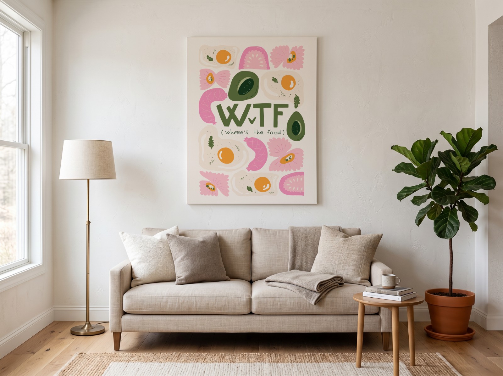 Canvas Print Above a Linen Sofa showing the WTF (Where's the Food) print