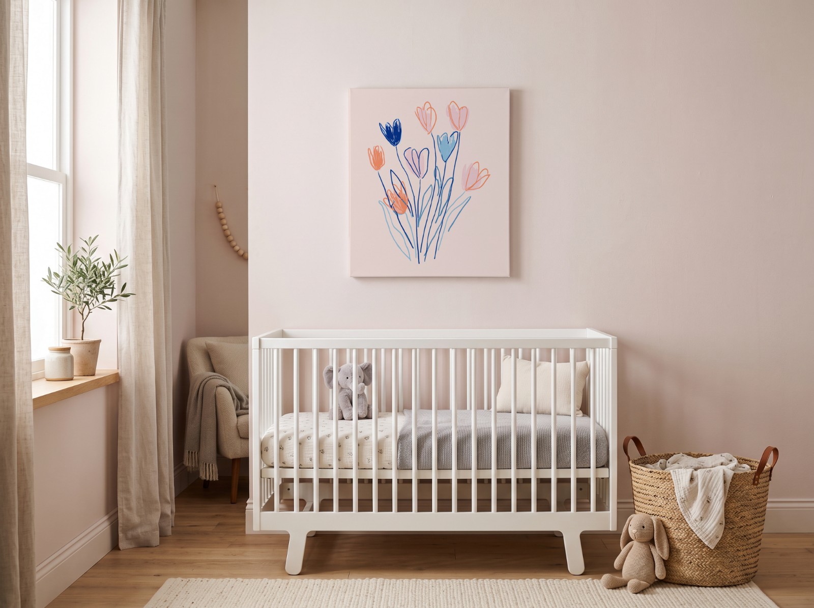 Canvas Print in a Blush Pink Nursery showing the hand-drawn Flowers artwork