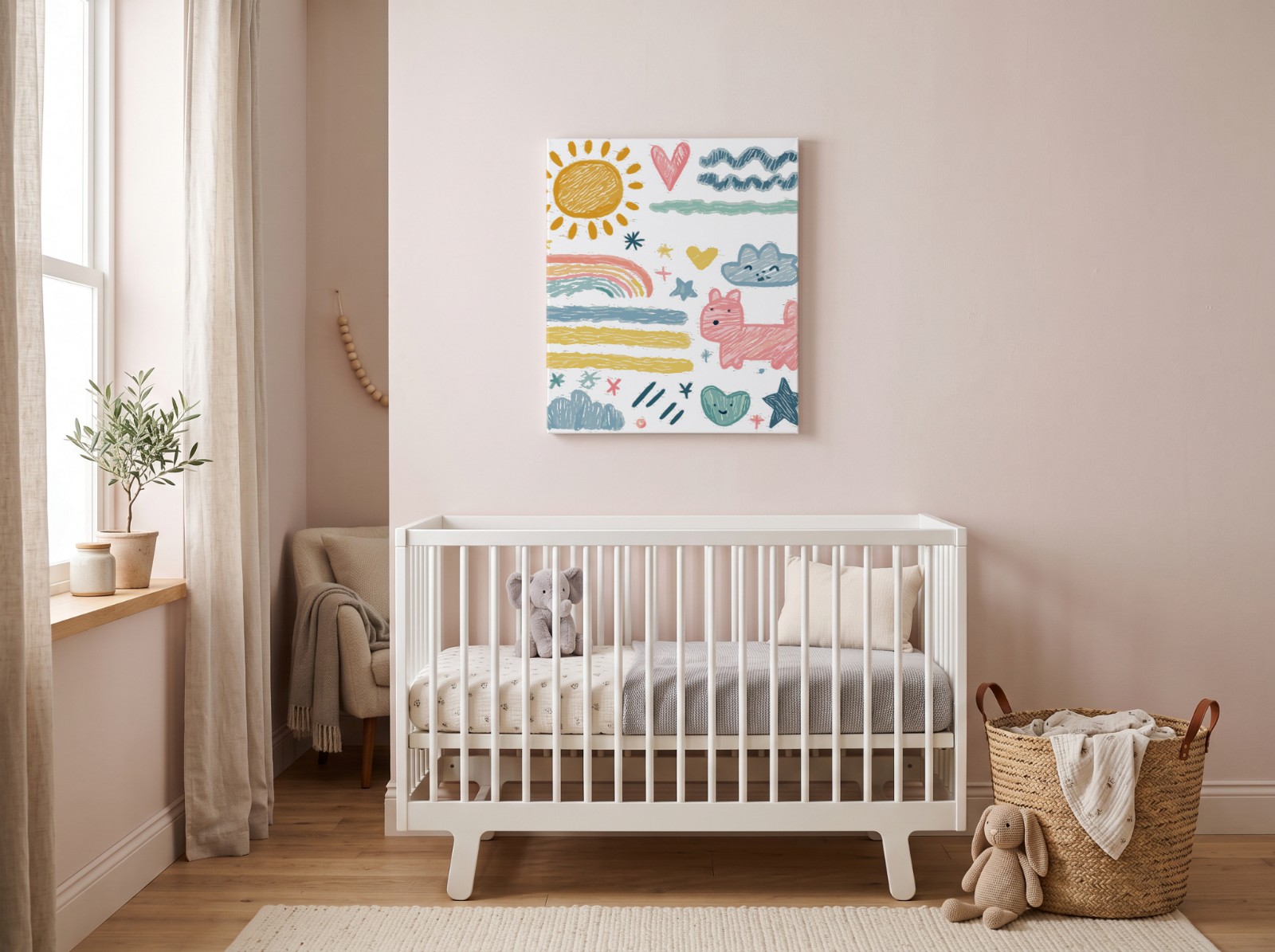 Canvas Print in a Blush Pink Nursery showing the crayon doodles artwork