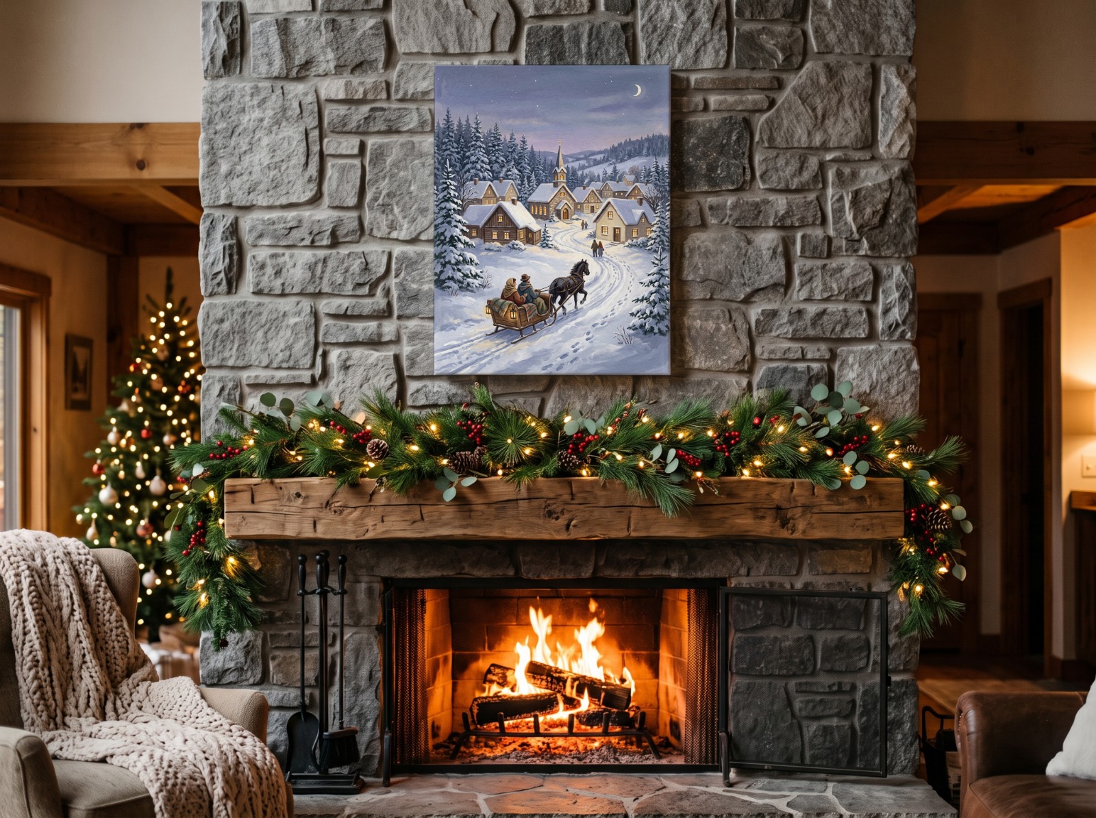 Canvas Print Christmas Mockup Above a Stone Fireplace with a Garland example