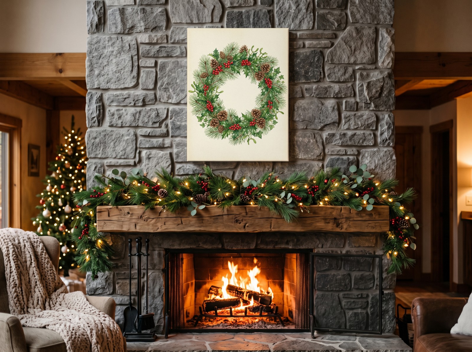 Canvas Print Christmas Above a Stone Fireplace with a Garland showing a watercolour Christmas wreath print