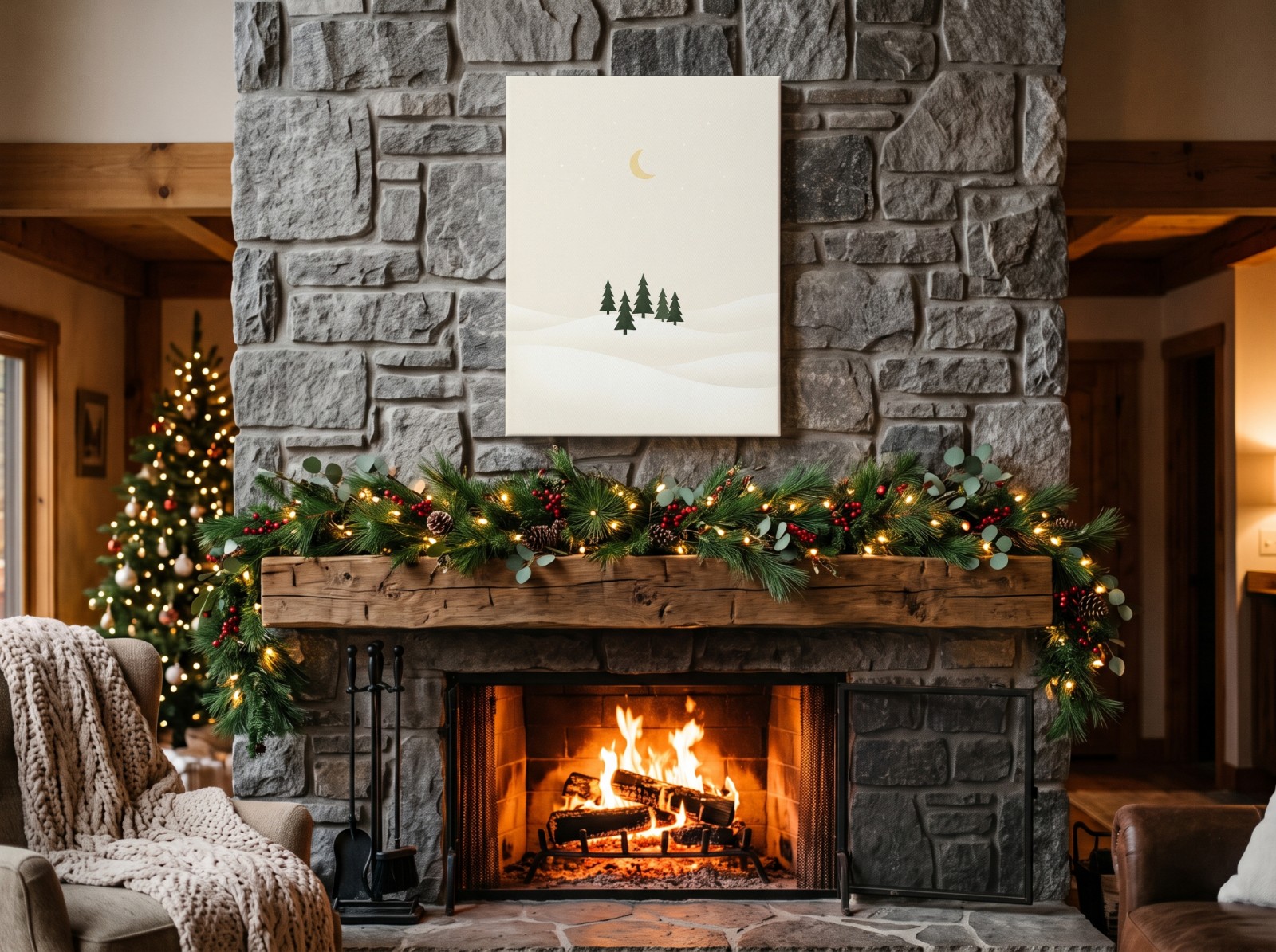 Canvas Print Christmas Above a Stone Fireplace with a Garland showing a minimal Nordic pine tree print