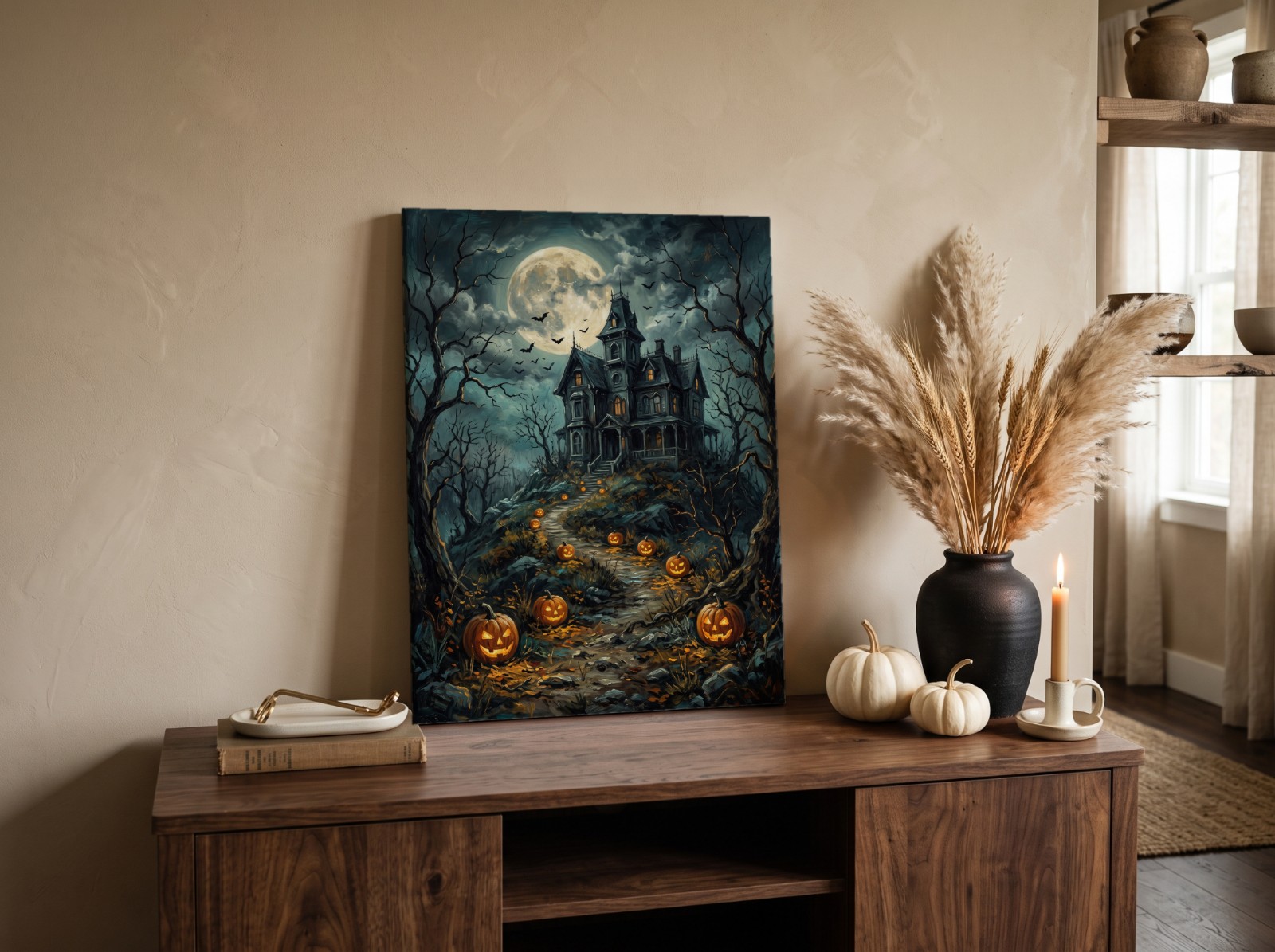 Canvas Print Halloween Mockup on a Sideboard with Pampas and a Black Vase example