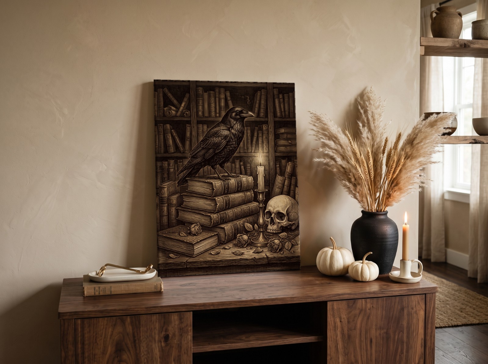 Canvas Print Halloween on a Sideboard with Pampas and a Black Vase showing a dark academia raven and books print