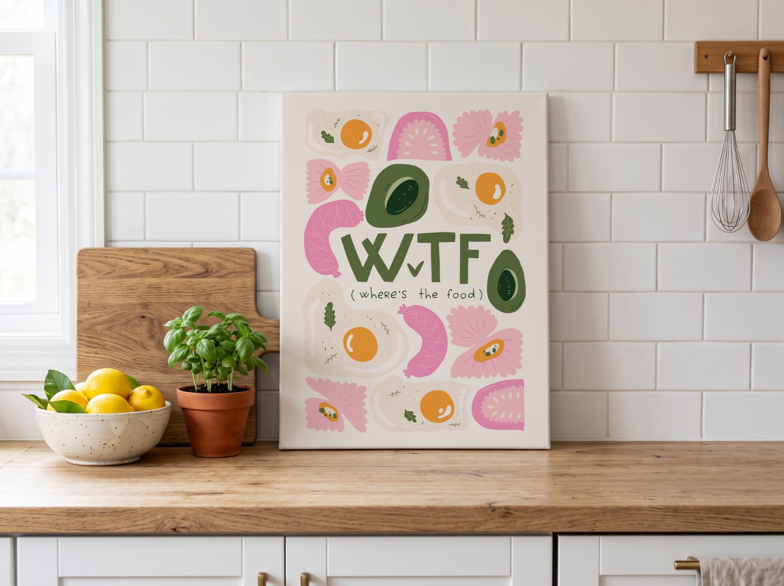 Canvas Print Leaning in a White Kitchen showing the WTF (Where's the Food) print