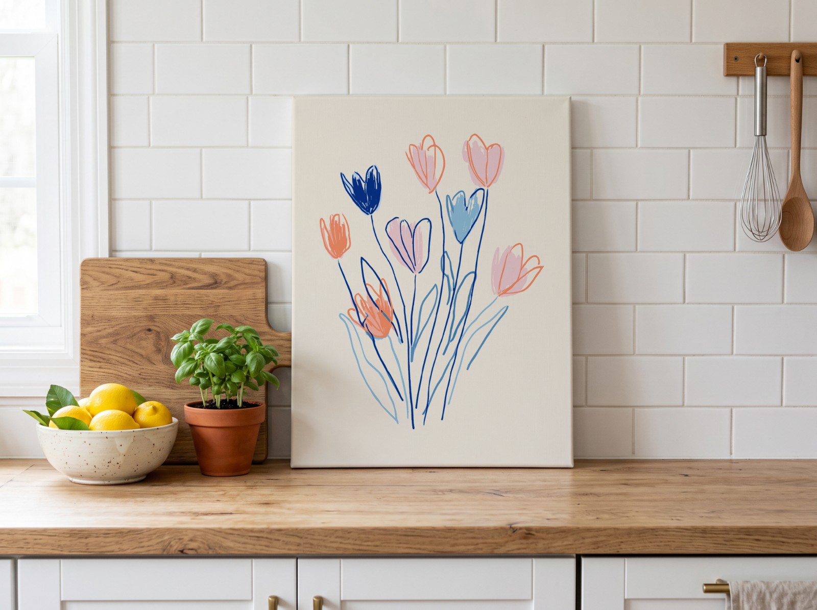 Canvas Print Leaning in a White Kitchen showing the hand-drawn Flowers artwork