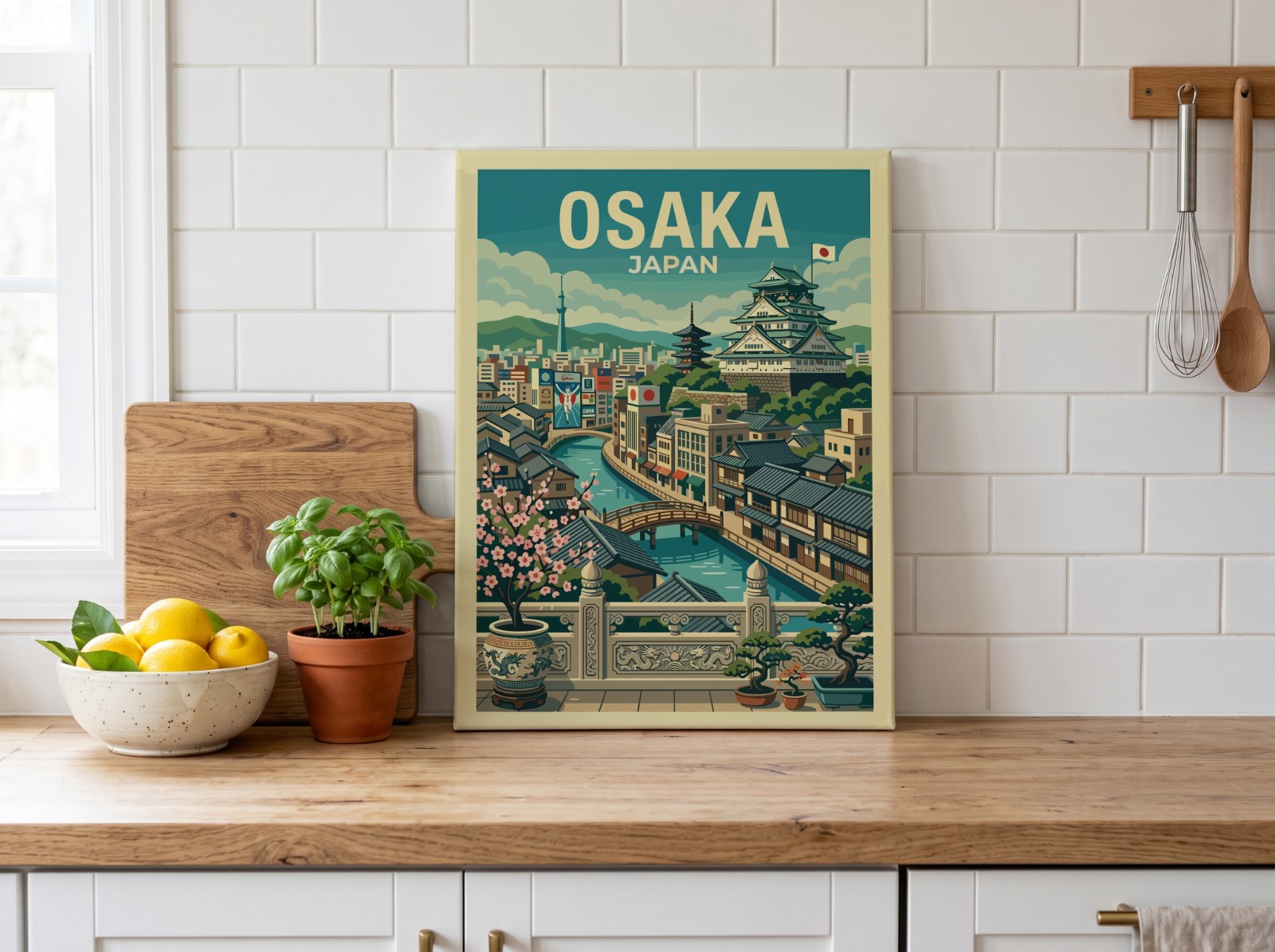 Canvas Print Leaning in a White Kitchen showing the Osaka Japan travel print