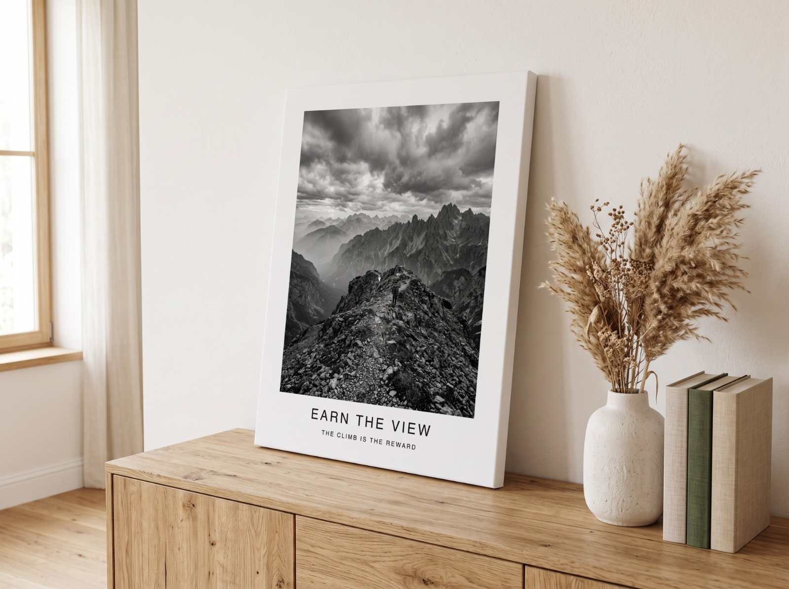Canvas Print Mockup Leaning on an Oak Sideboard example