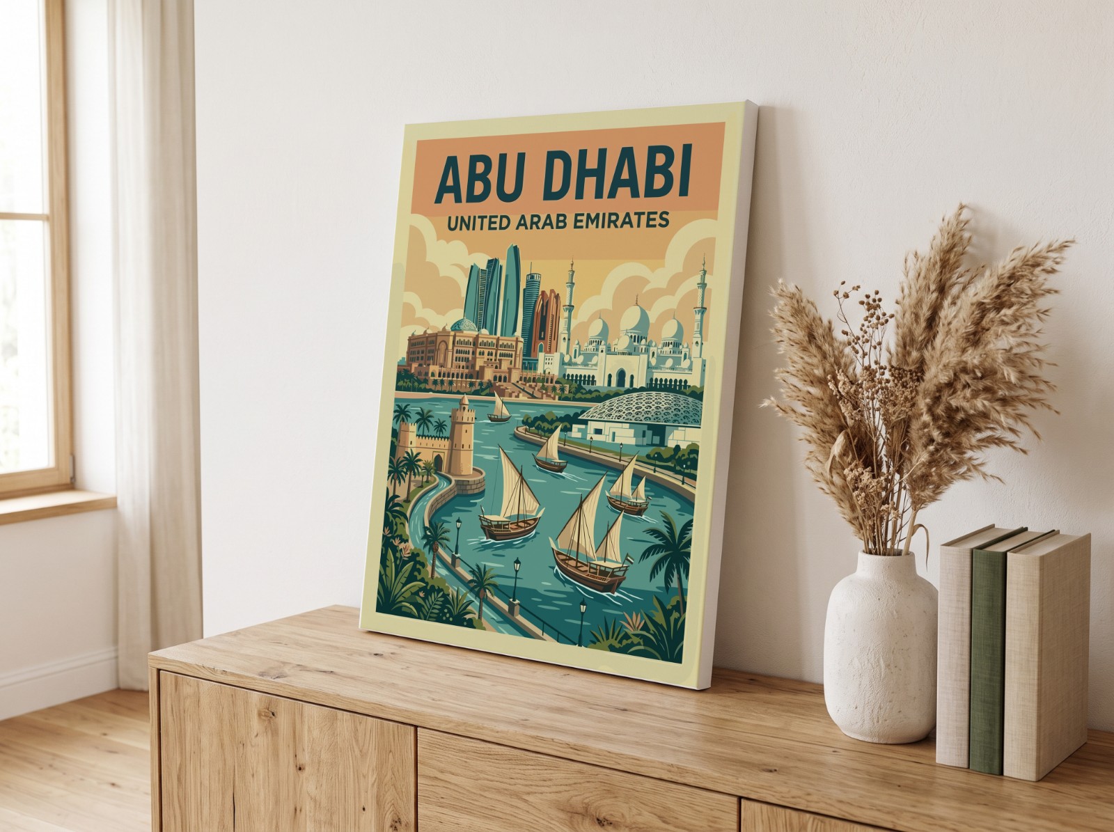 Canvas Print Leaning on an Oak Sideboard showing an Abu Dhabi travel print