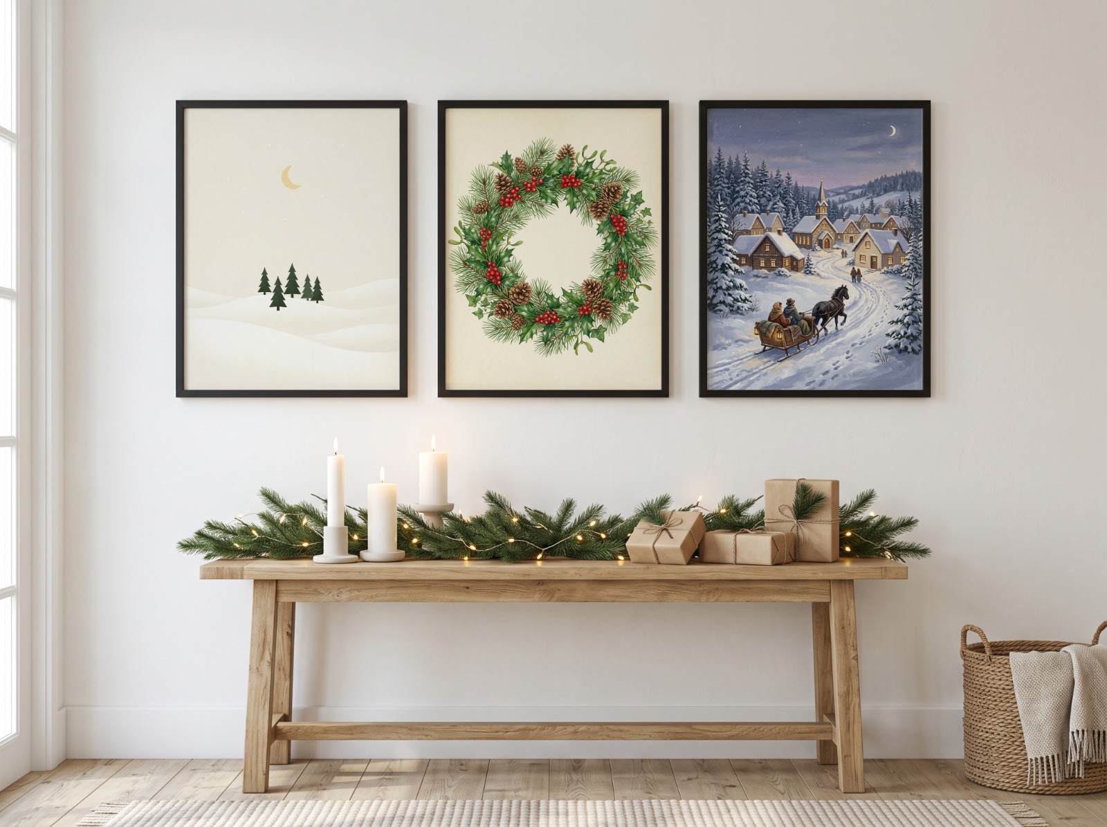 Christmas Gallery Wall Mockup: Three Black Frames Above a Garland Console example