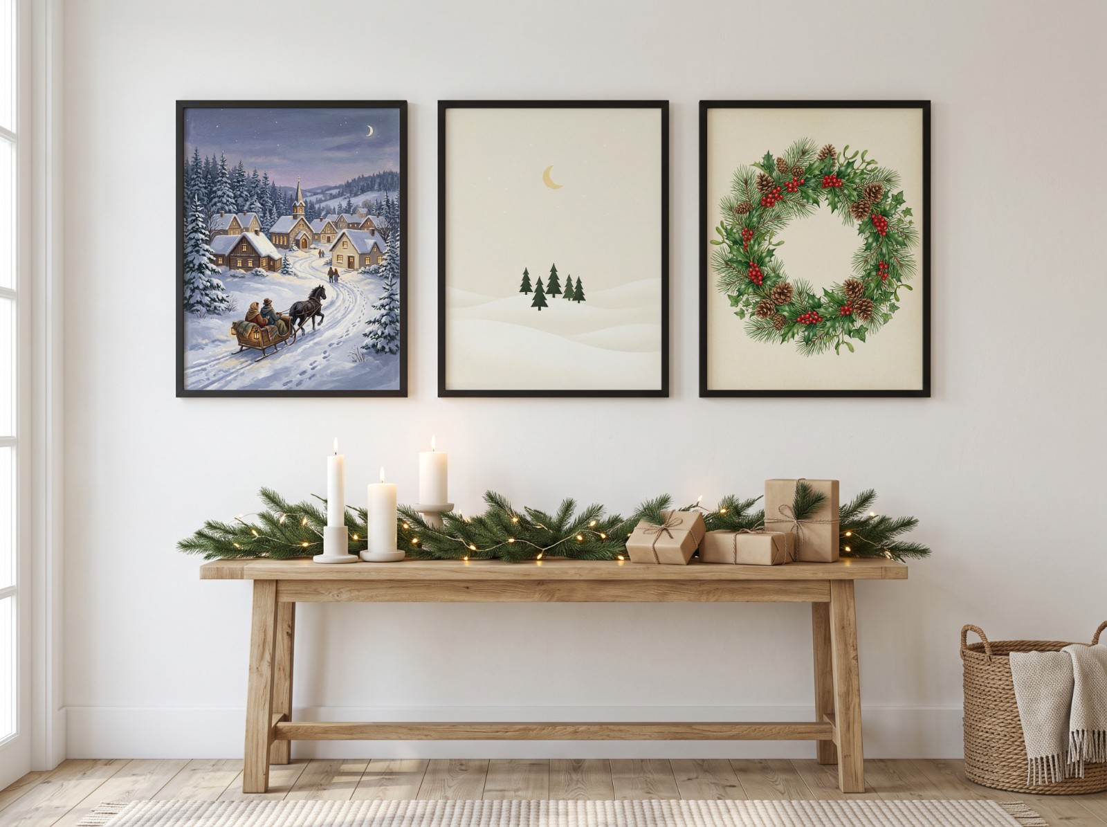 Christmas Gallery Wall showing a vintage snowy winter village painting, a minimal Nordic pine tree print and a watercolour Christmas wreath print