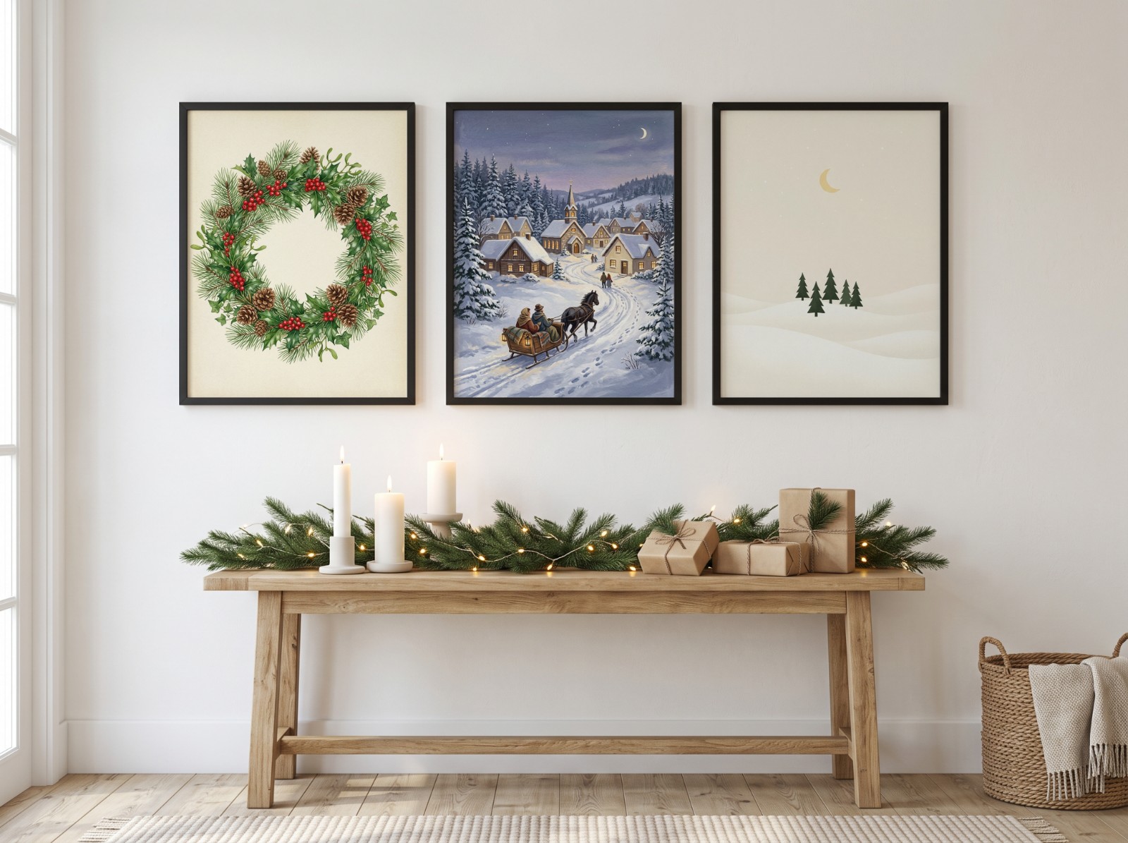 Christmas Gallery Wall showing a watercolour Christmas wreath print, a vintage snowy winter village painting and a minimal Nordic pine tree print