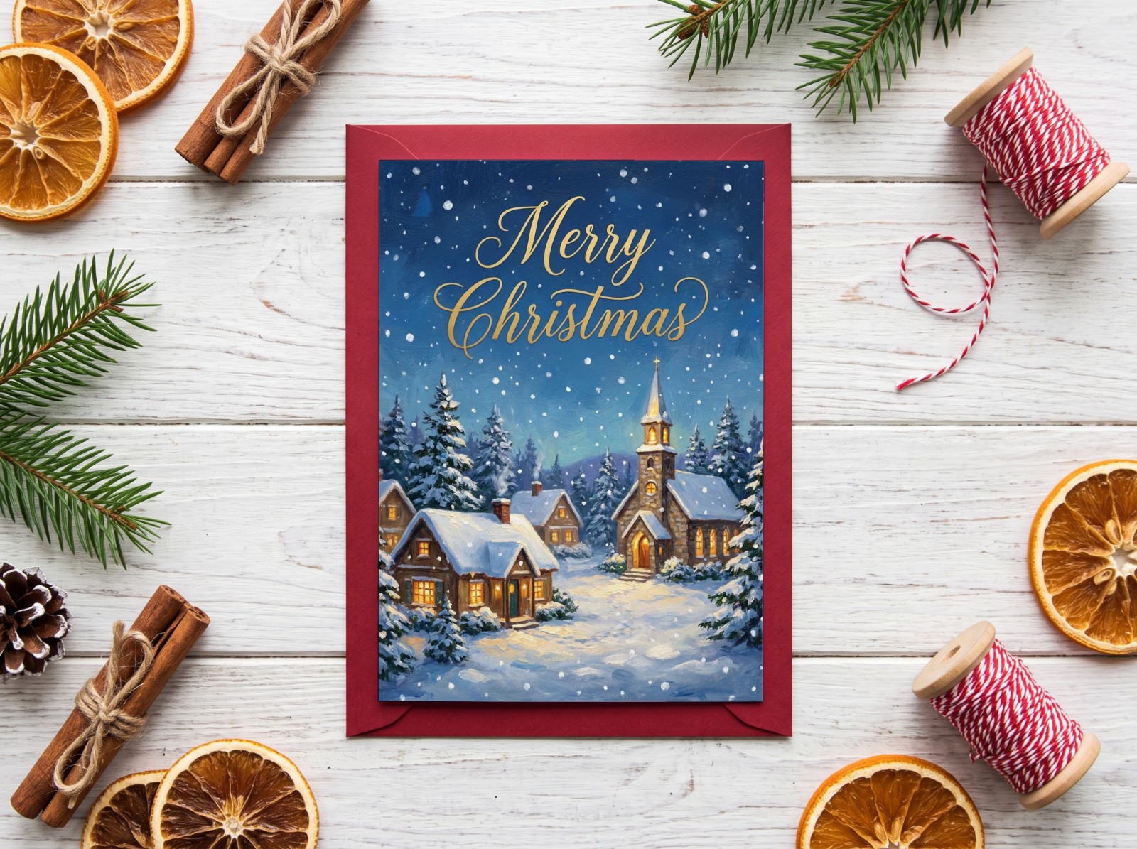 Christmas Greeting Card Mockup on a Red Envelope with Dried Oranges example