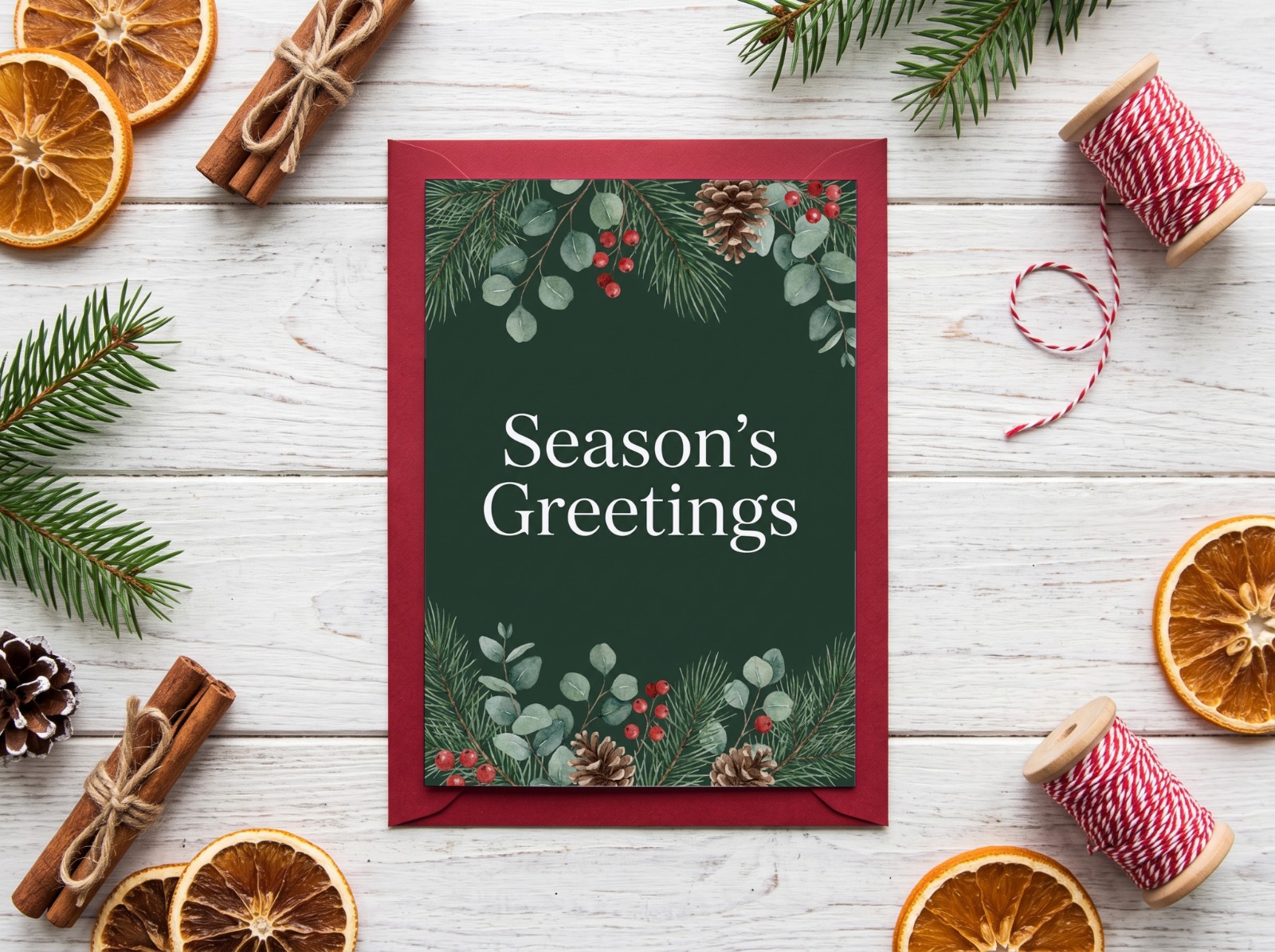 Christmas Greeting Card on a Red Envelope with Dried Oranges showing a Season's Greetings pine card design