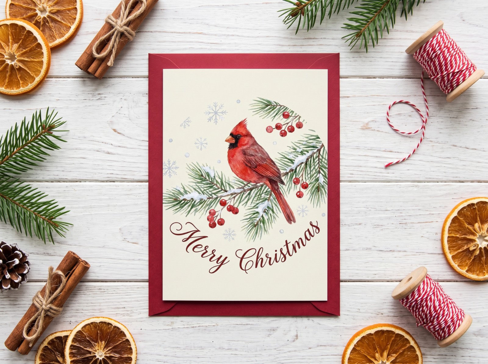 Christmas Greeting Card on a Red Envelope with Dried Oranges showing a watercolour cardinal Merry Christmas design
