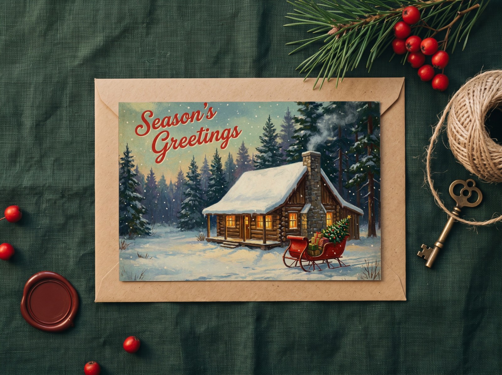 Christmas Postcard Mockup on a Kraft Envelope with Pine and Berries example