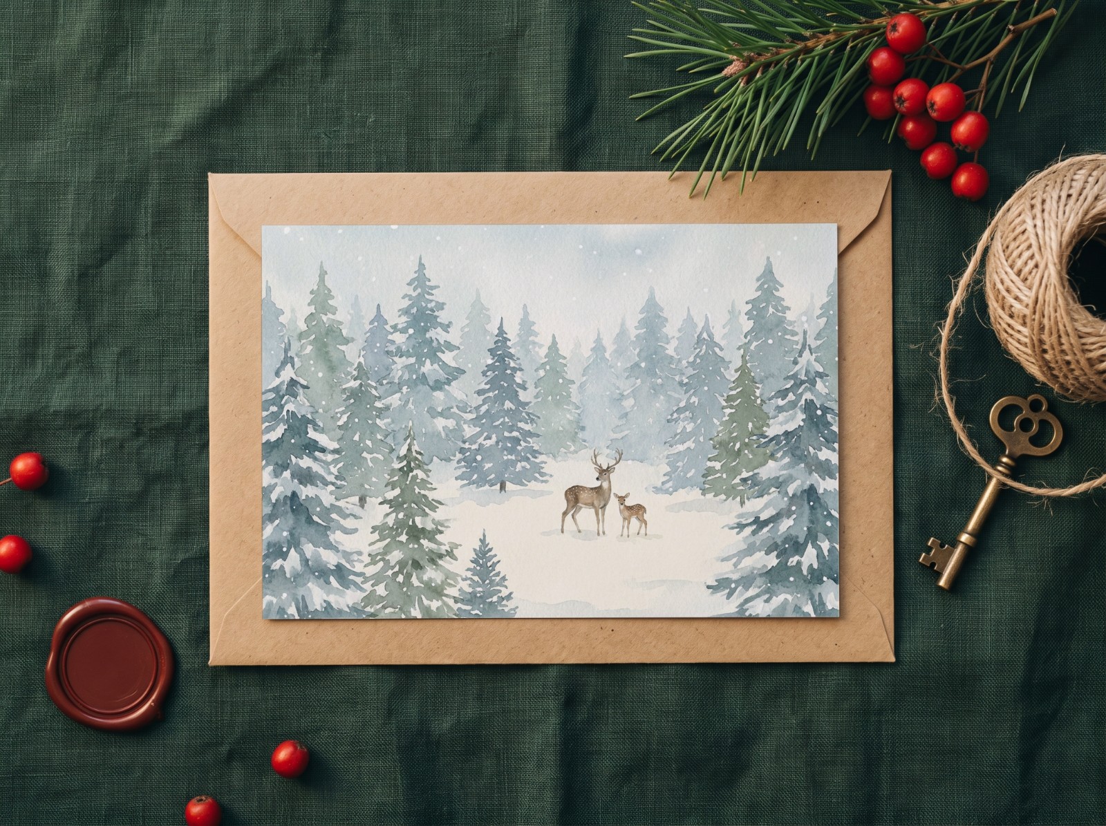 Christmas Postcard on a Kraft Envelope with Pine and Berries showing a watercolour winter forest with deer