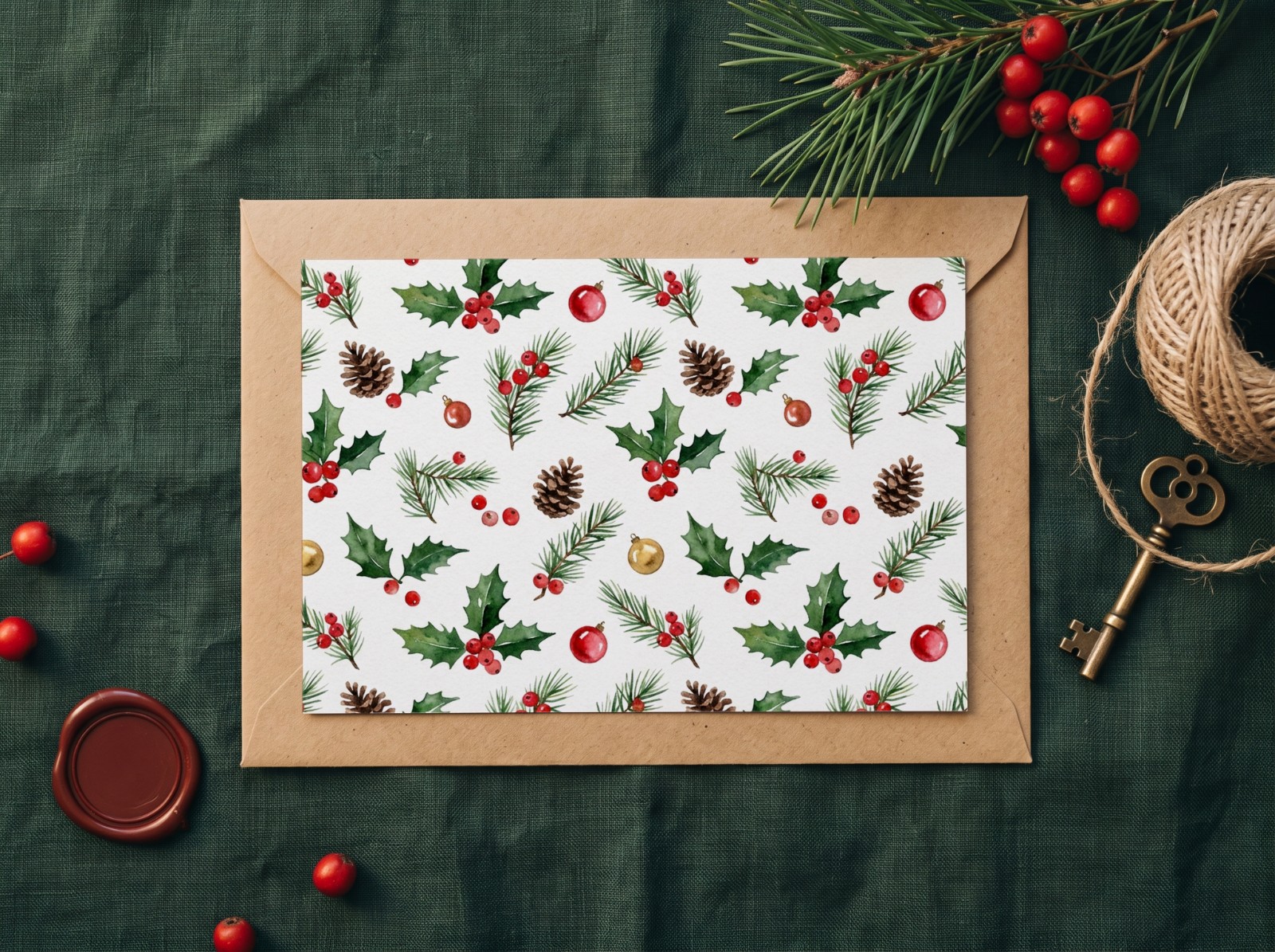 Christmas Postcard on a Kraft Envelope with Pine and Berries showing a watercolour holly and pine pattern