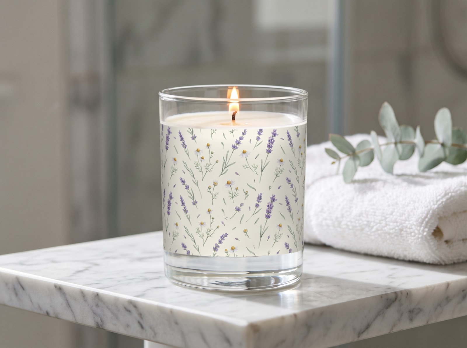 Clear Glass Candle Mockup on a Marble Bathroom Shelf example