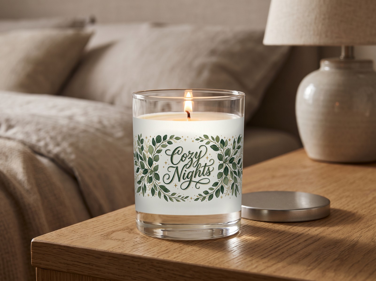 Clear Glass Candle Mockup on an Oak Nightstand example