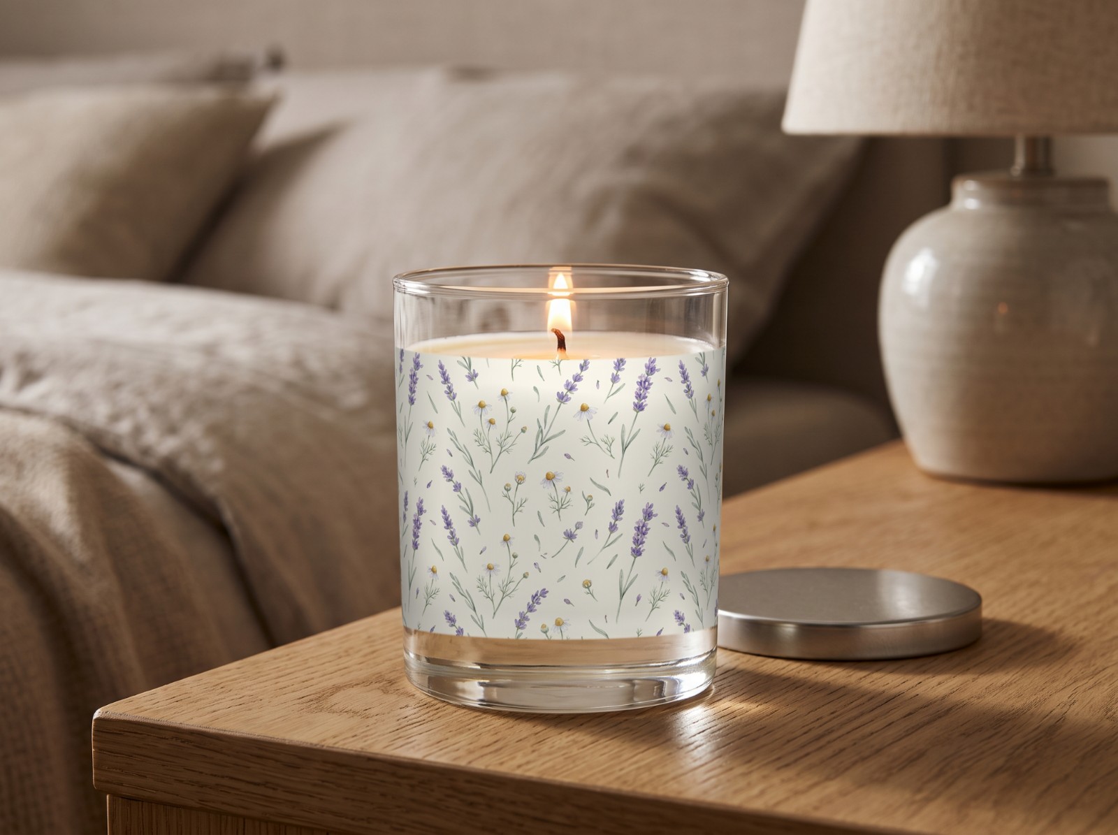 Clear Glass Candle on an Oak Nightstand showing a watercolour lavender and chamomile label