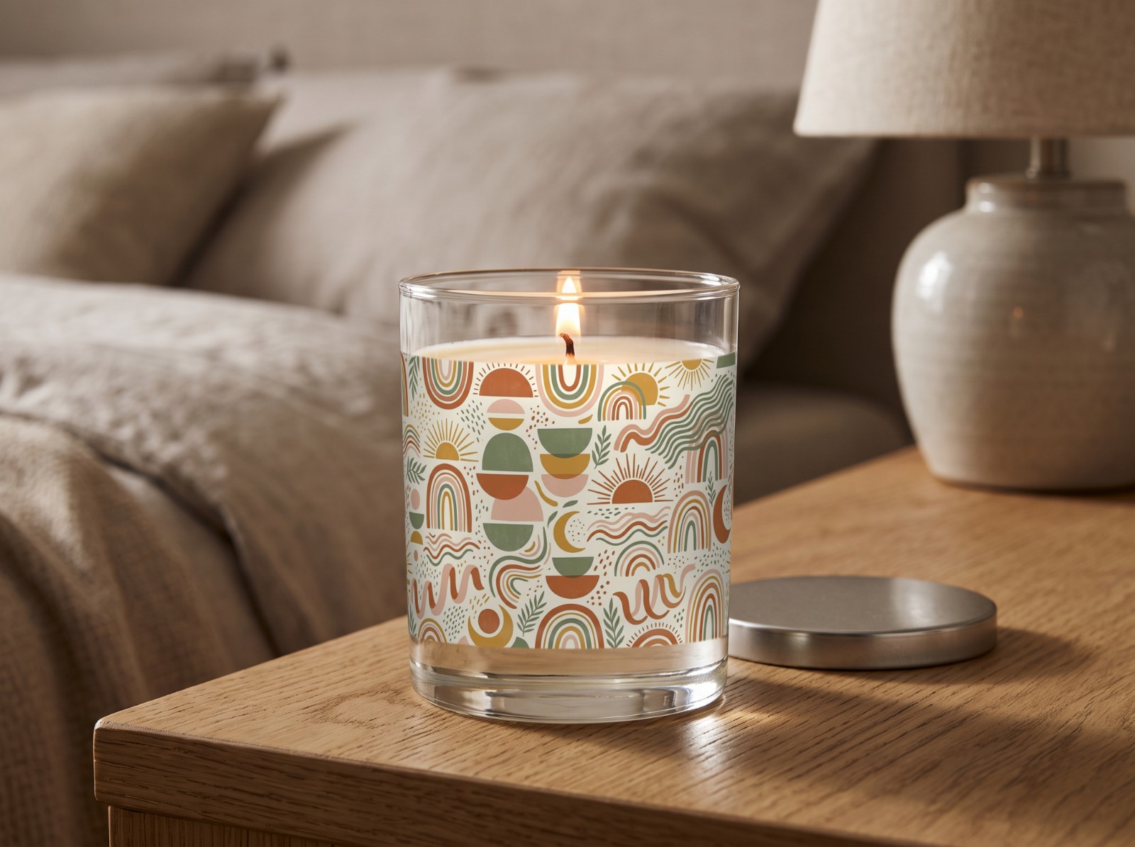 Clear Glass Candle on an Oak Nightstand showing a boho mid-century arches and suns label