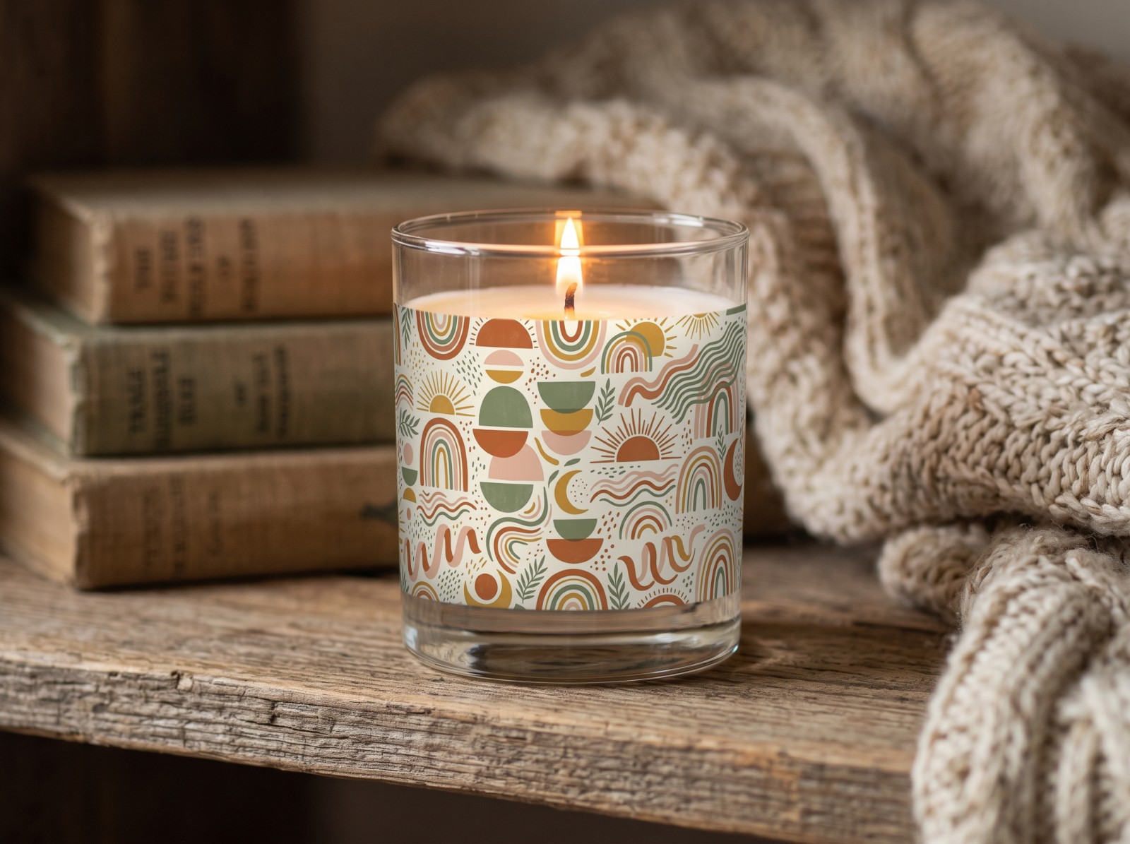 Clear Glass Candle Mockup on a Rustic Wood Shelf with Books example