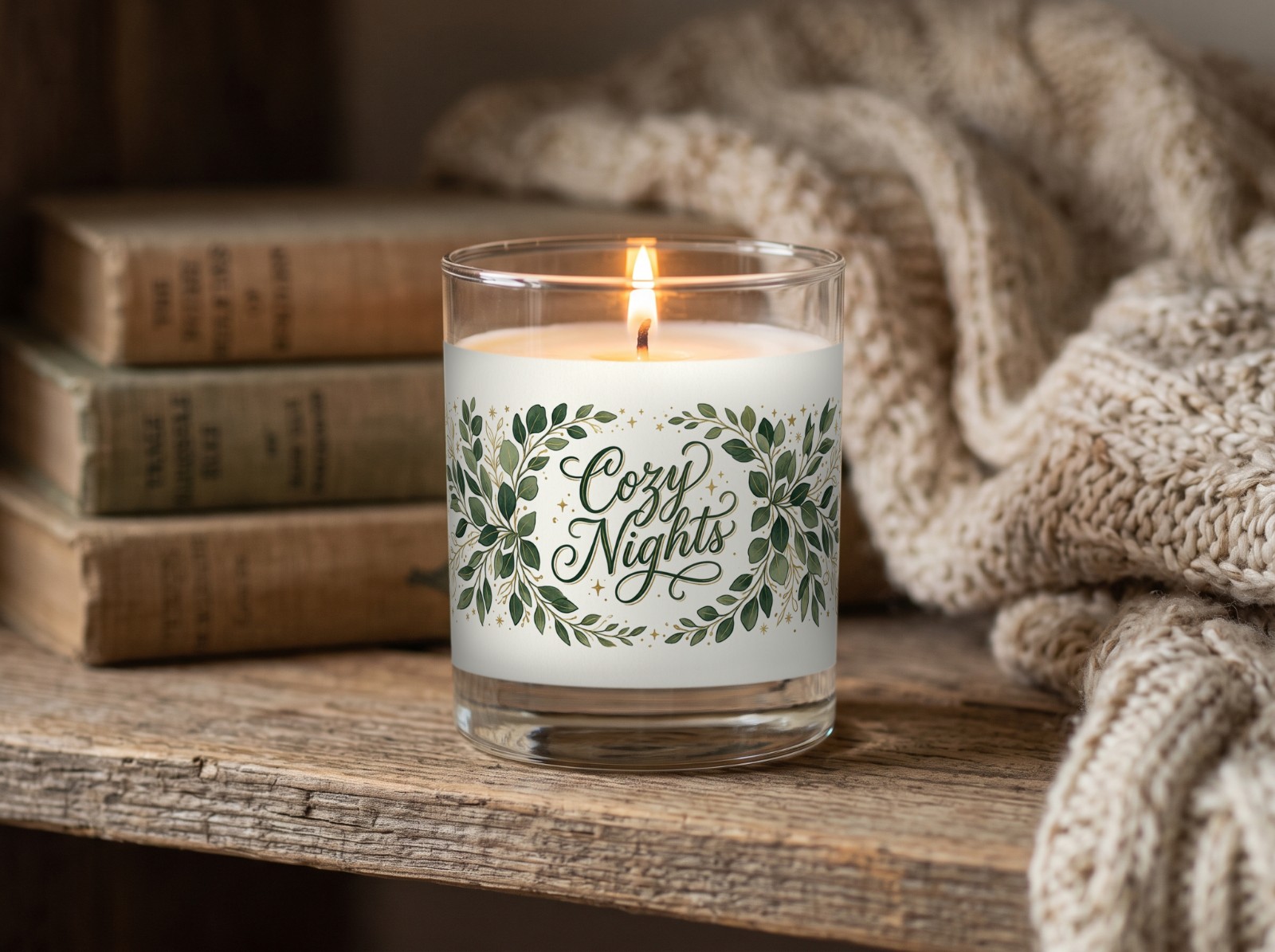 Clear Glass Candle on a Rustic Wood Shelf with Books showing a Cozy Nights eucalyptus label