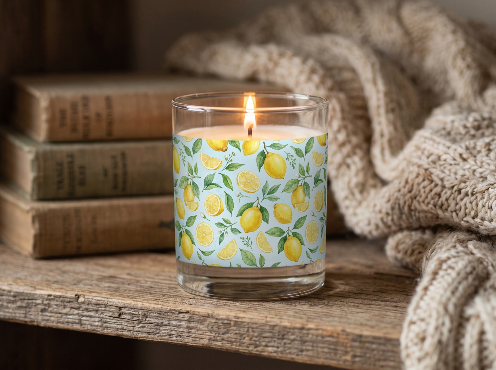 Clear Glass Candle on a Rustic Wood Shelf with Books showing a watercolour lemon pattern label