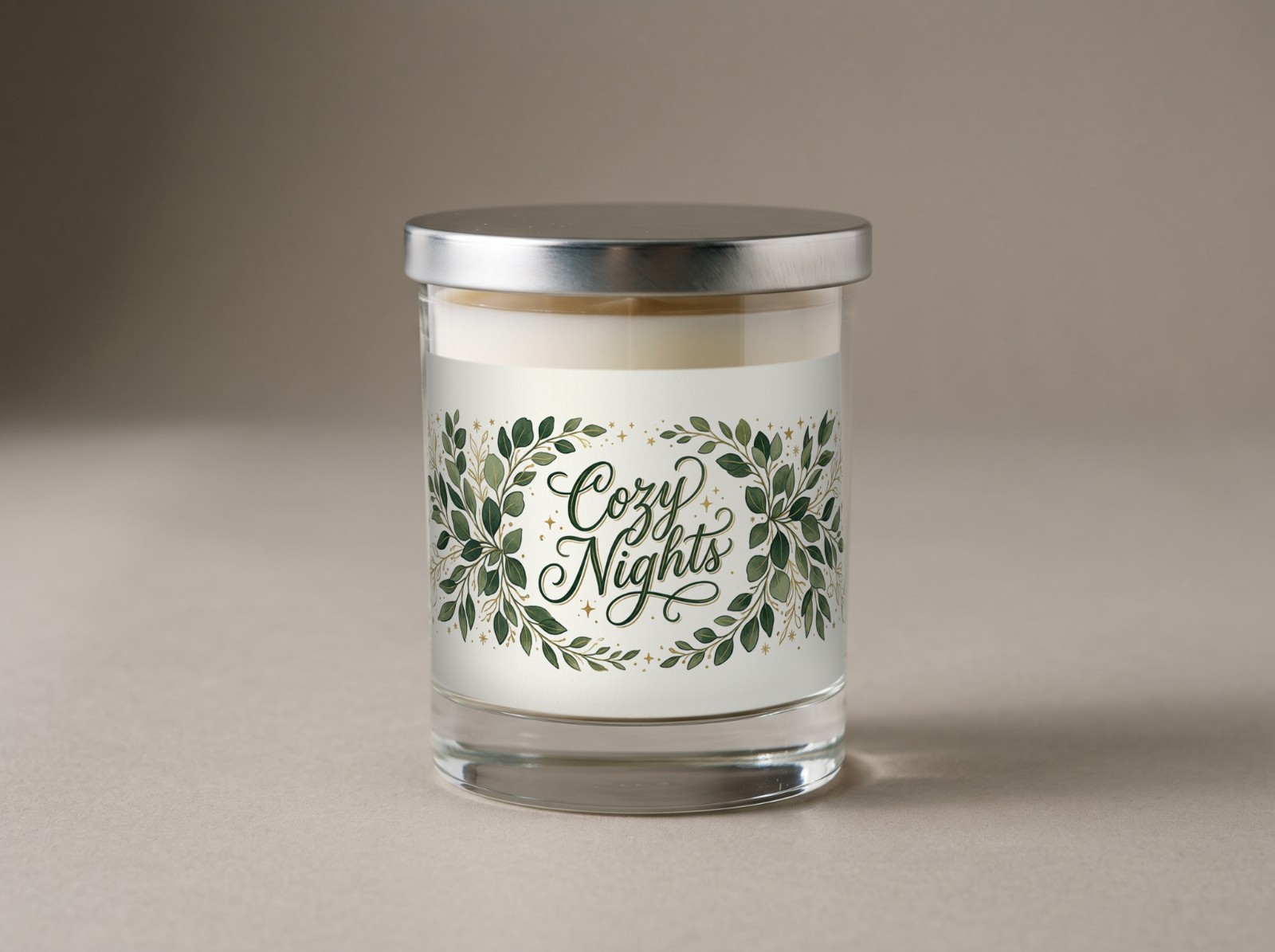 Clear Glass Candle Mockup with a Silver Lid in the Studio example