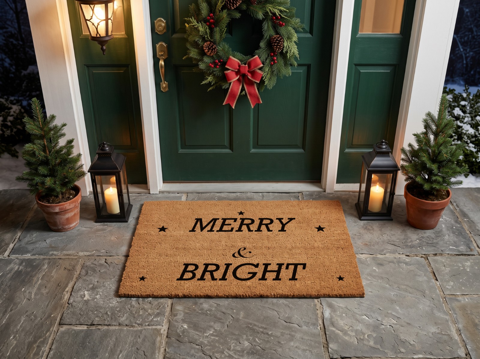 Coir Doormat Christmas Mockup at a Green Front Door with a Wreath example