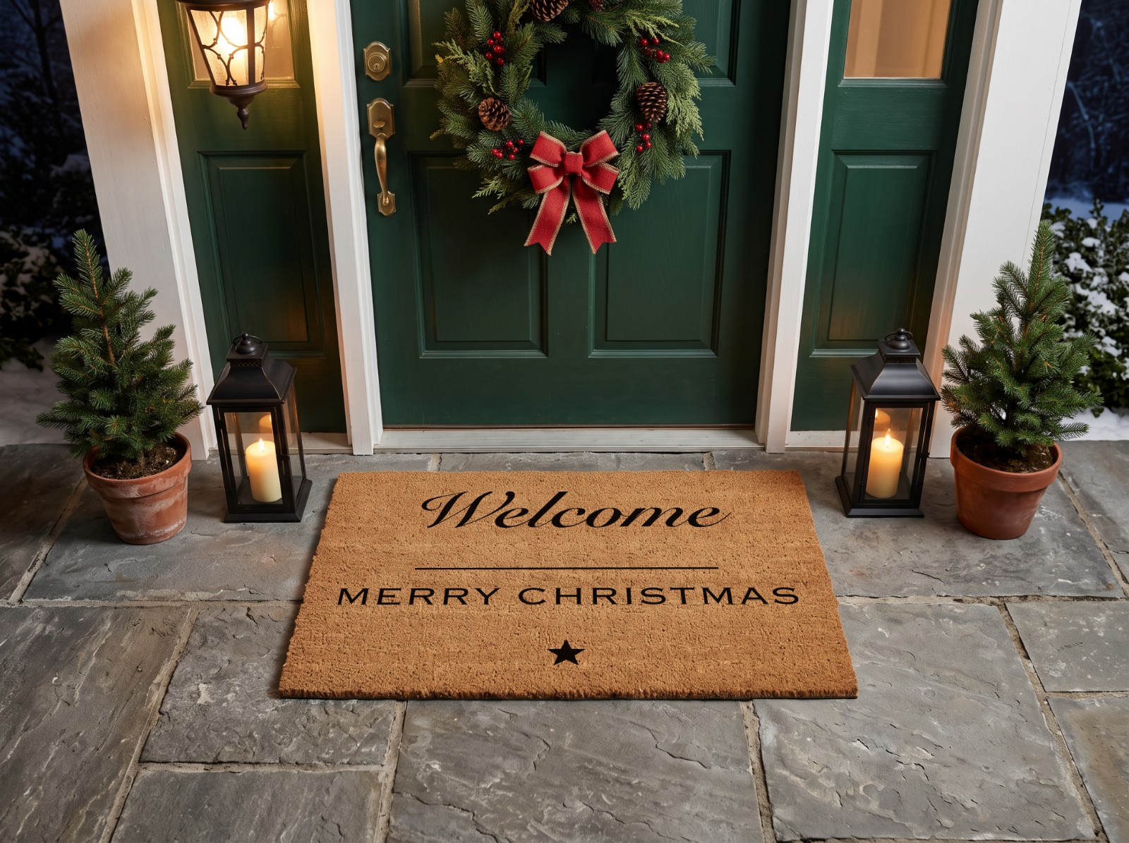 Coir Doormat Christmas at a Green Front Door with a Wreath showing a Welcome Merry Christmas doormat design