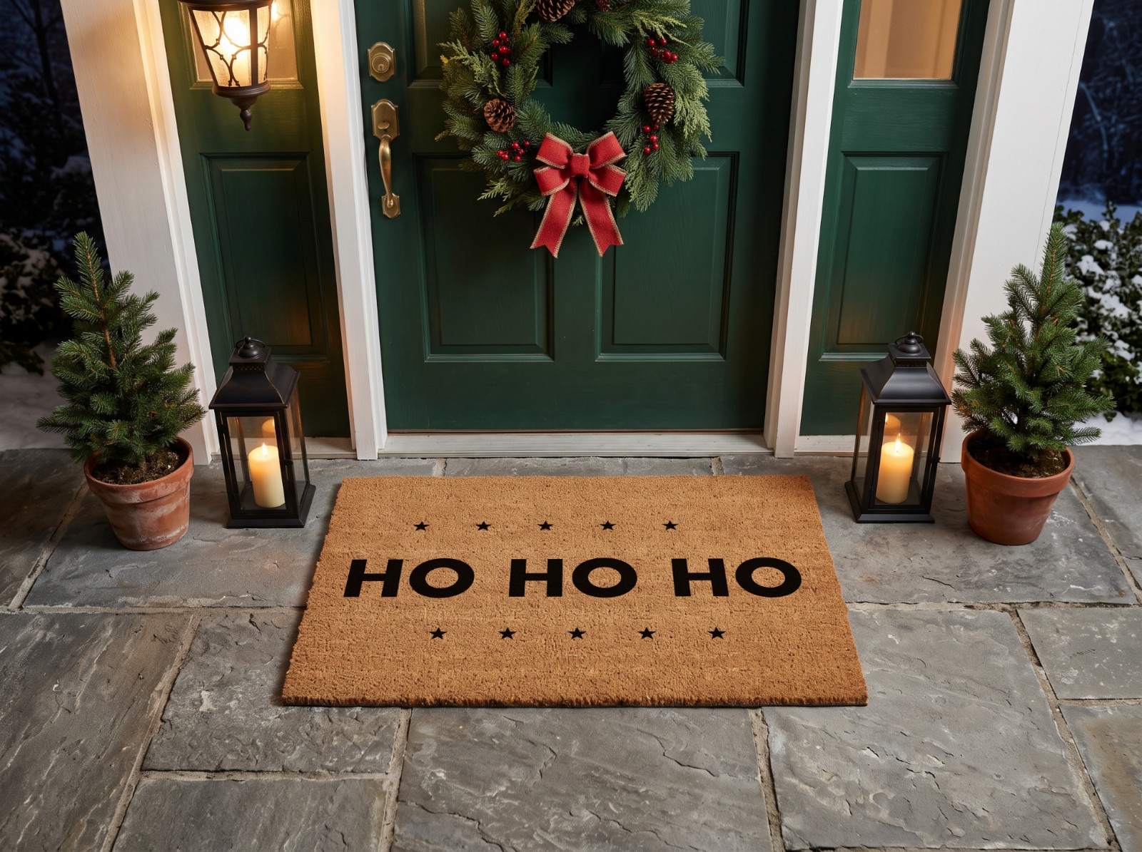 Coir Doormat Christmas at a Green Front Door with a Wreath showing a Ho Ho Ho doormat design
