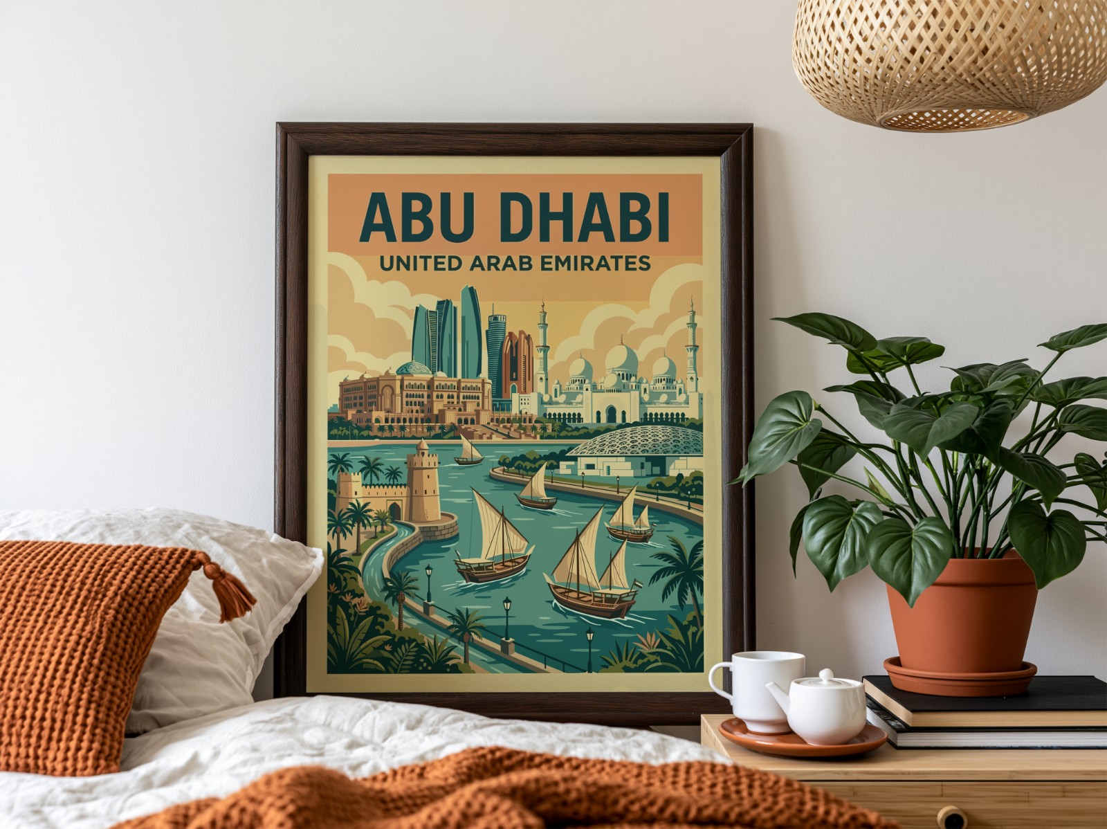 Dark Wood Frame Above Bed with Plant showing an Abu Dhabi travel poster