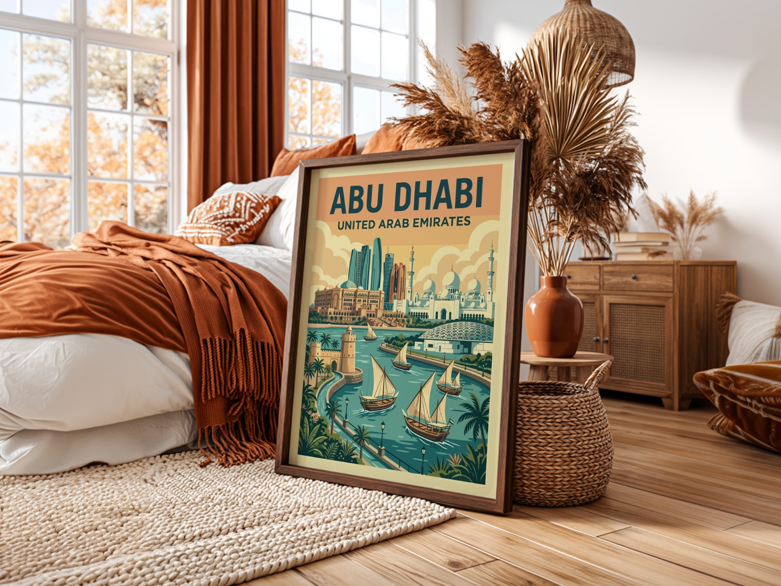 Dark Wood Frame in Bohemian Bedroom showing an Abu Dhabi travel poster