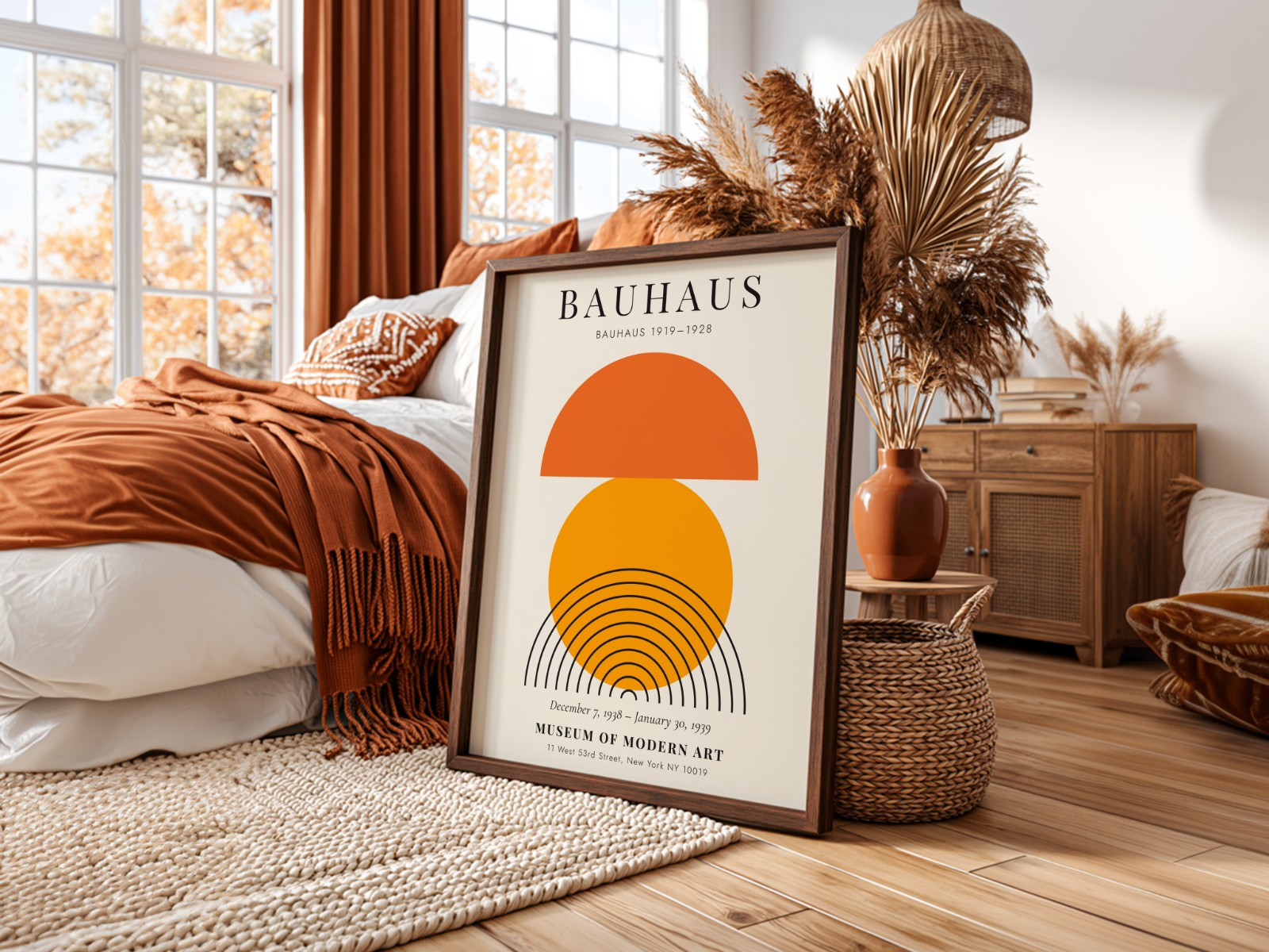 Dark Wood Frame in Bohemian Bedroom showing a Bauhaus sun print