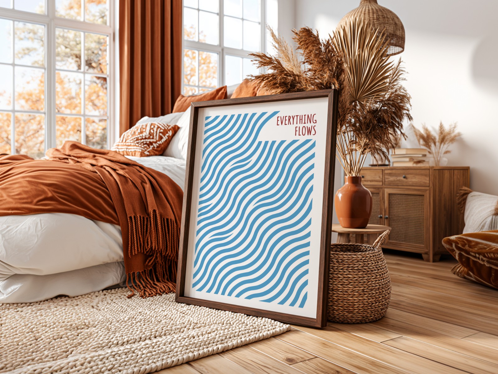Dark Wood Frame in Bohemian Bedroom showing an Everything Flows wave print