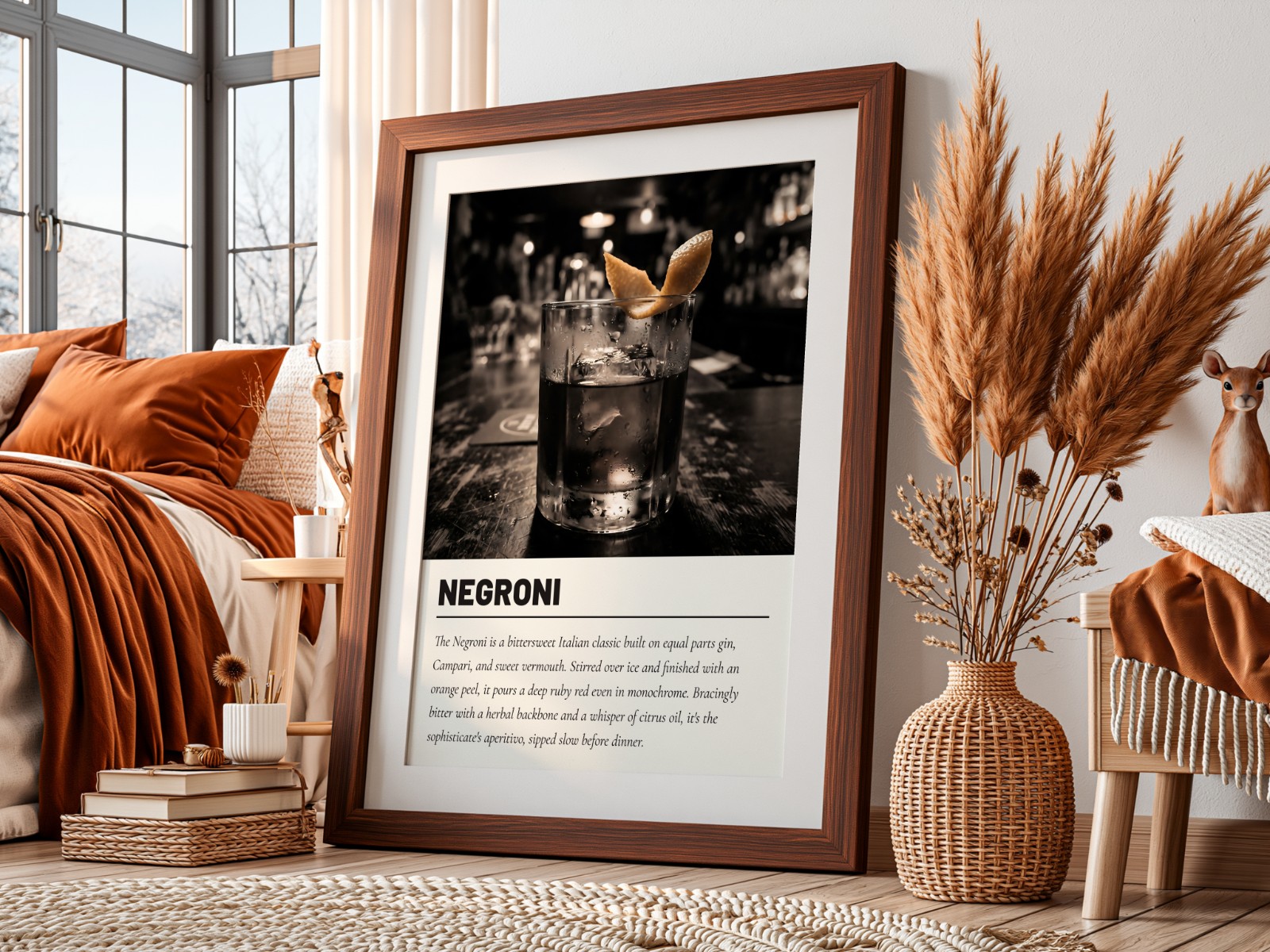 Dark Wood Frame with Mat, Pampas Bedroom showing a Negroni cocktail print