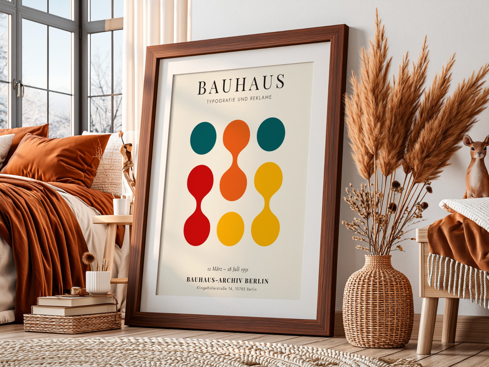 Dark Wood Frame with Mat, Pampas Bedroom showing a Bauhaus circles print