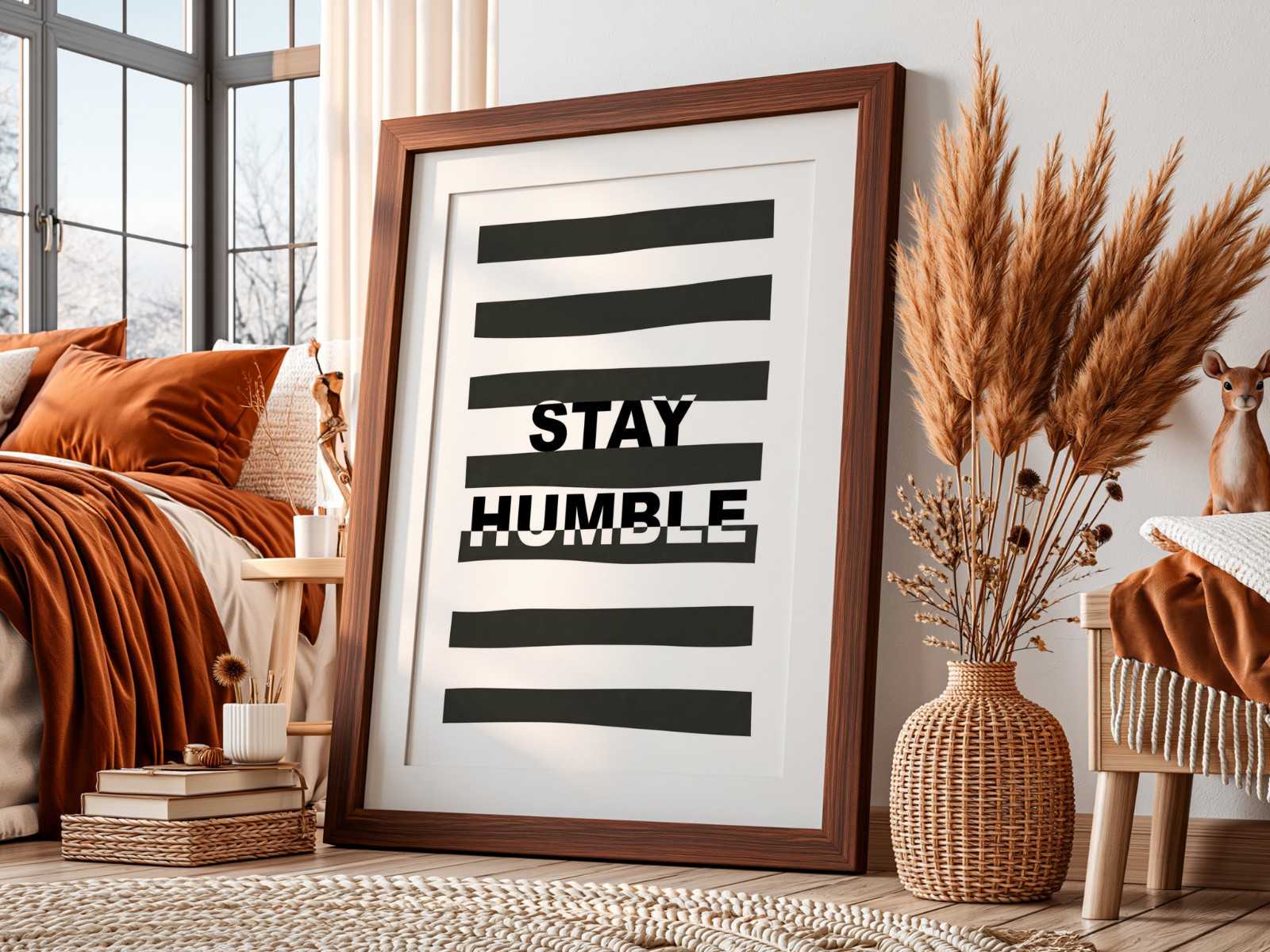 Dark Wood Frame with Mat, Pampas Bedroom showing a Stay Humble typography print