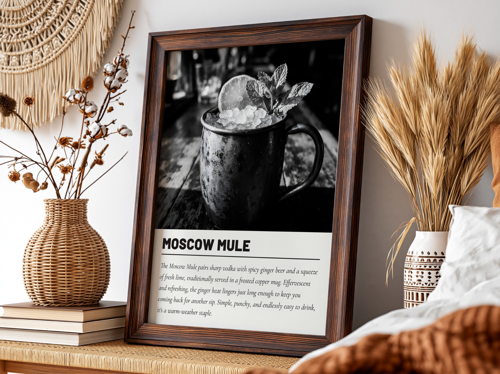 Dark Wood Frame with Pampas, Angle View showing a Moscow Mule cocktail print