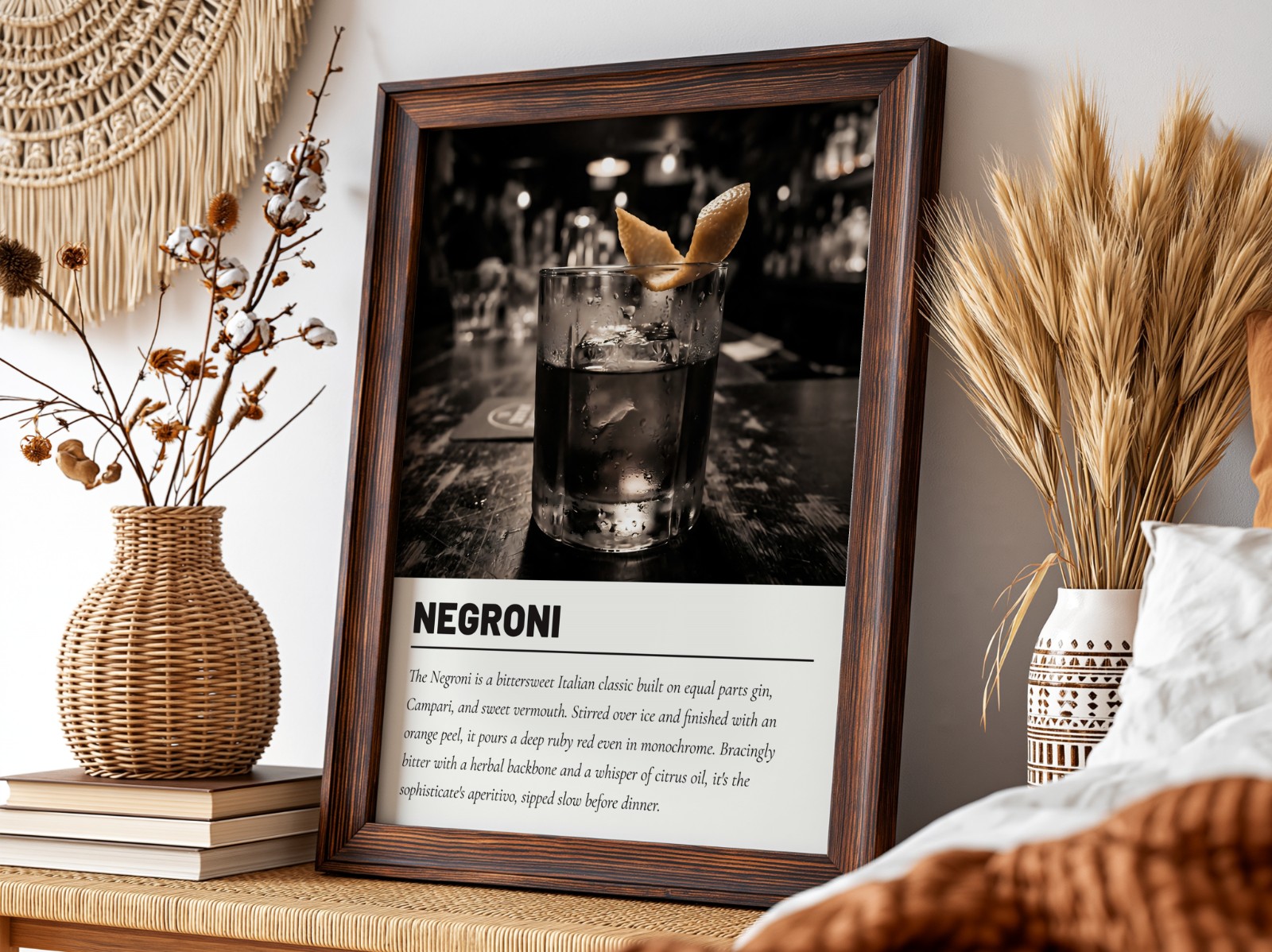 Dark Wood Frame with Pampas, Angle View showing a Negroni cocktail print