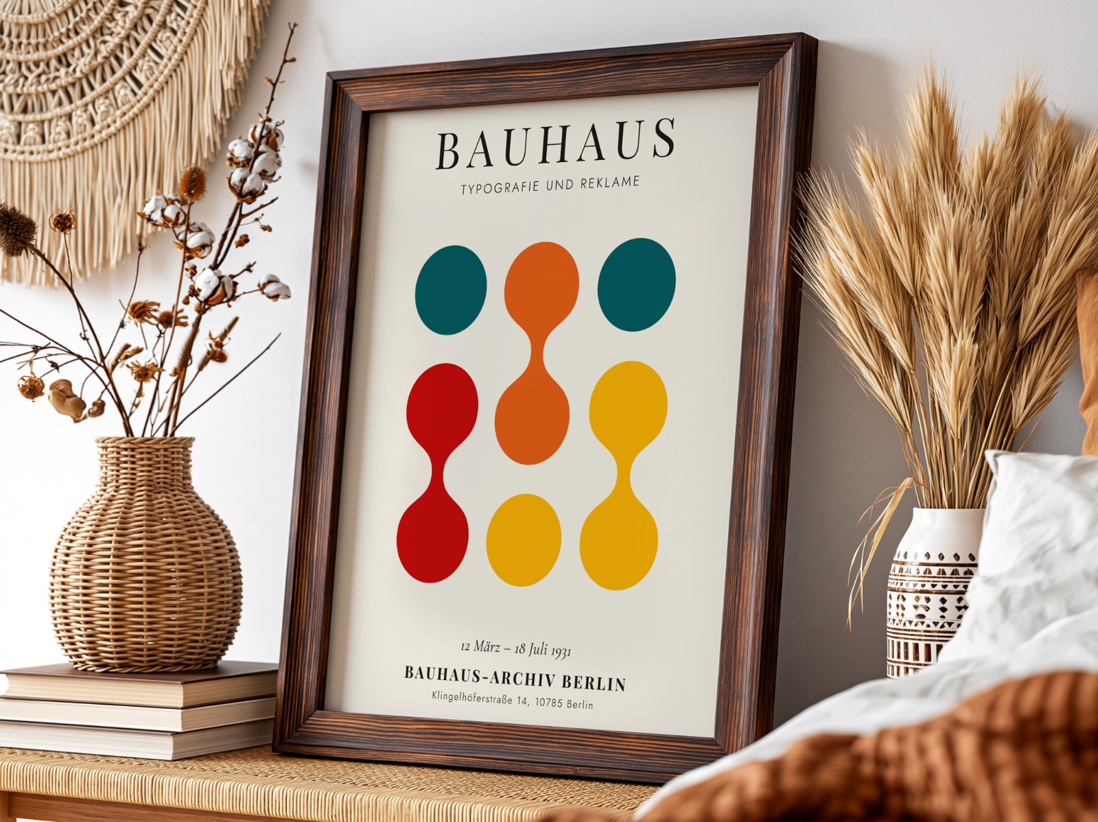 Dark Wood Frame with Pampas, Angle View showing a Bauhaus circles print