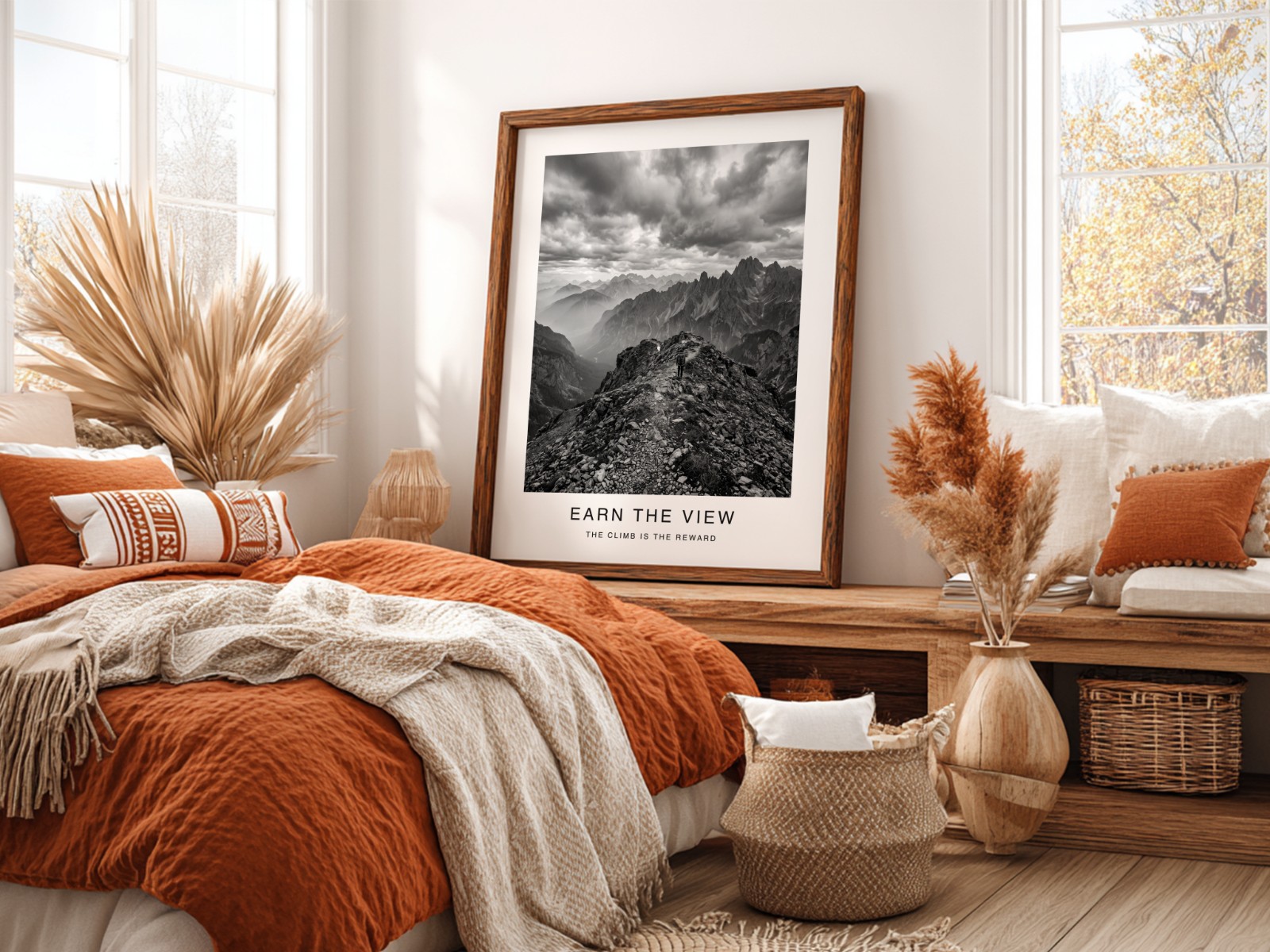 Dark Wood Frame in Terracotta Bedroom showing a black and white mountain print