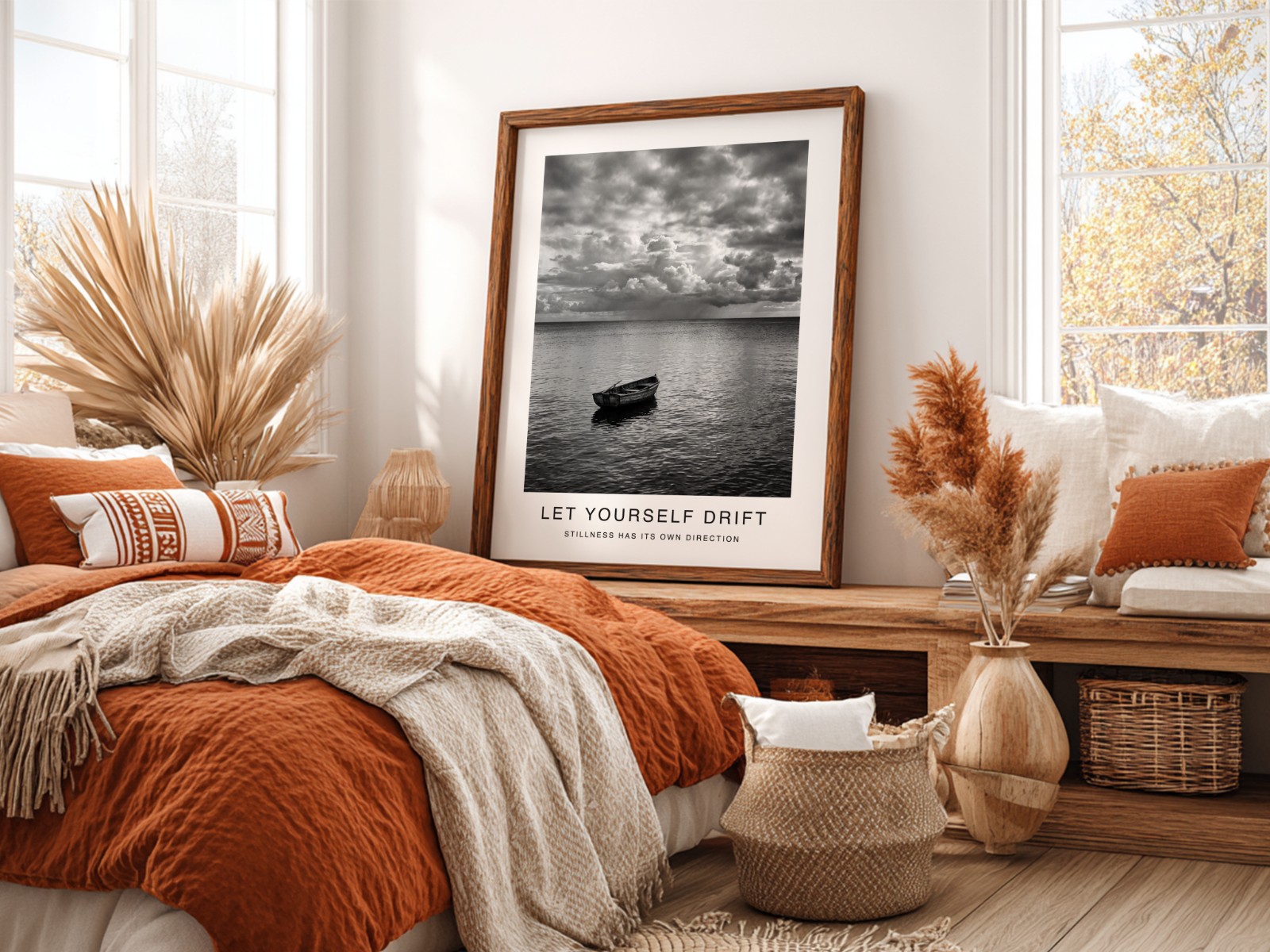 Dark Wood Frame in Terracotta Bedroom showing a black and white seascape print